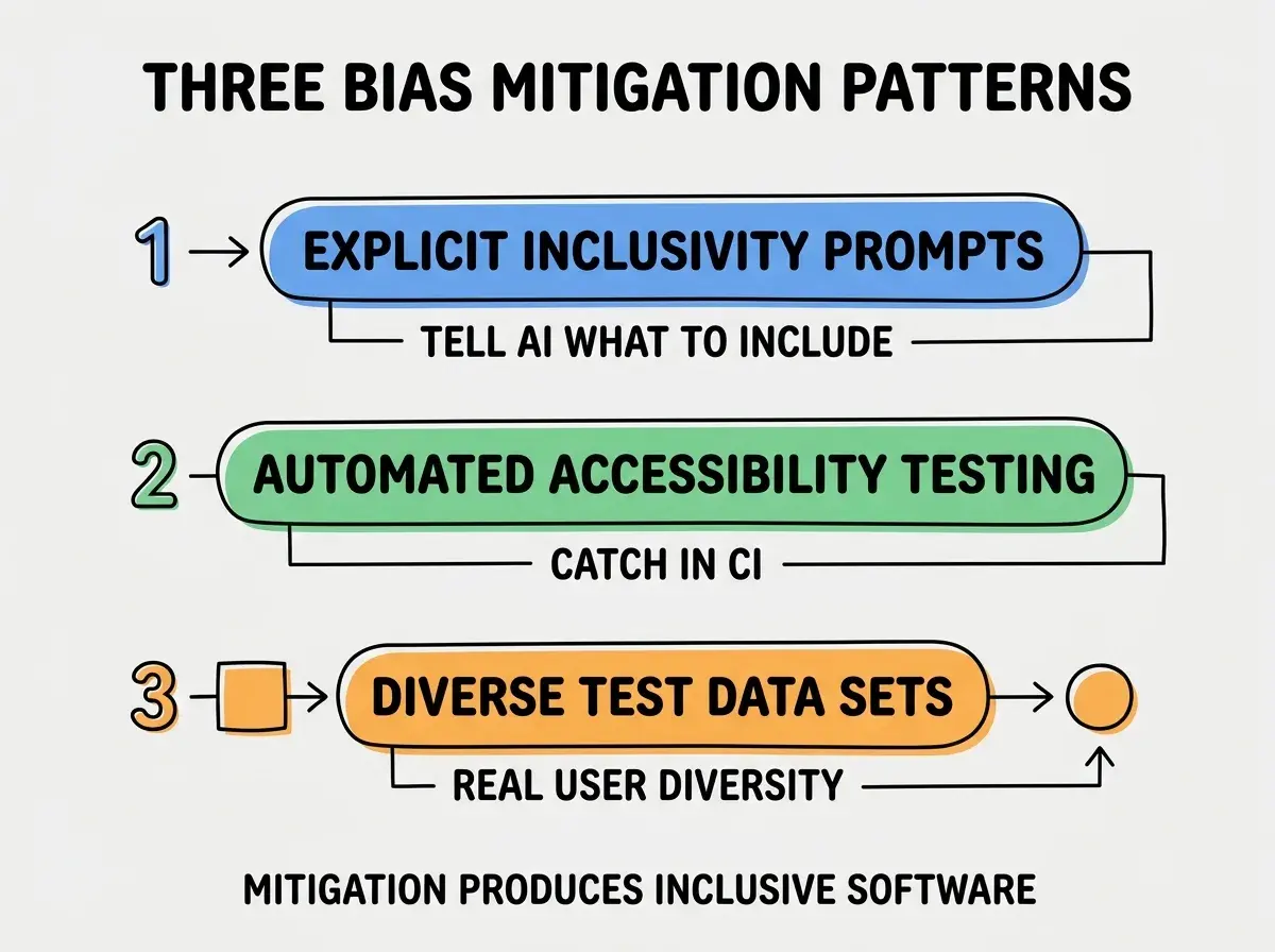 EXPLAINER DIAGRAM titled THREE BIAS MITIGATION PATTERNS shown as a vertical numbered list on a slate background. Three rows. Row 1 blue badge EXPLICIT INCLUSIVITY PROMPTS sublabel TELL AI WHAT TO INCLUDE. Row 2 green badge AUTOMATED ACCESSIBILITY TESTING sublabel CATCH IN CI. Row 3 orange badge DIVERSE TEST DATA SETS sublabel REAL USER DIVERSITY. Footer reads MITIGATION PRODUCES INCLUSIVE SOFTWARE.