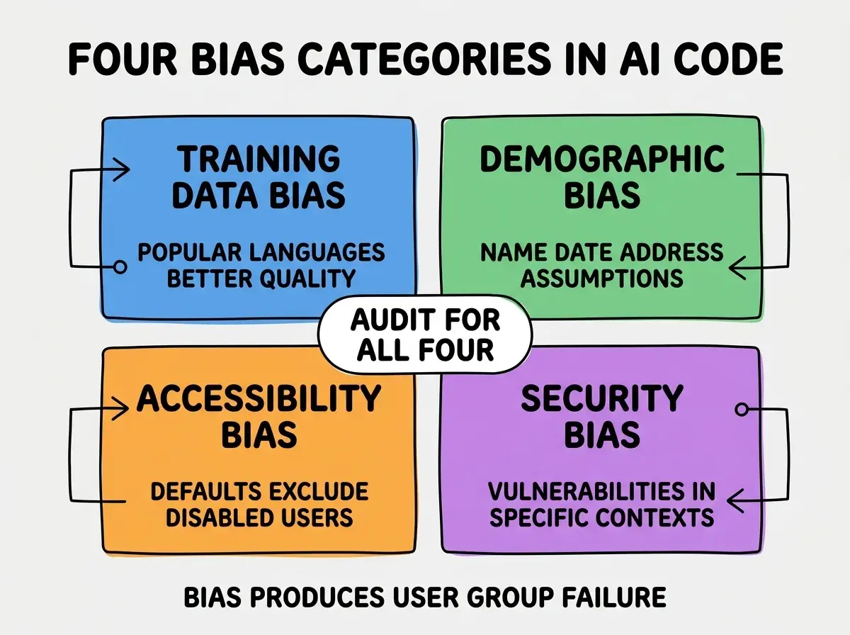 EXPLAINER DIAGRAM titled FOUR BIAS CATEGORIES IN AI CODE shown as a 2x2 grid of quadrants on a slate background. Top left blue TRAINING DATA BIAS sublabel POPULAR LANGUAGES BETTER QUALITY. Top right green DEMOGRAPHIC BIAS sublabel NAME DATE ADDRESS ASSUMPTIONS. Bottom left orange ACCESSIBILITY BIAS sublabel DEFAULTS EXCLUDE DISABLED USERS. Bottom right purple SECURITY BIAS sublabel VULNERABILITIES IN SPECIFIC CONTEXTS. Center label AUDIT FOR ALL FOUR. Footer reads BIAS PRODUCES USER GROUP FAILURE.