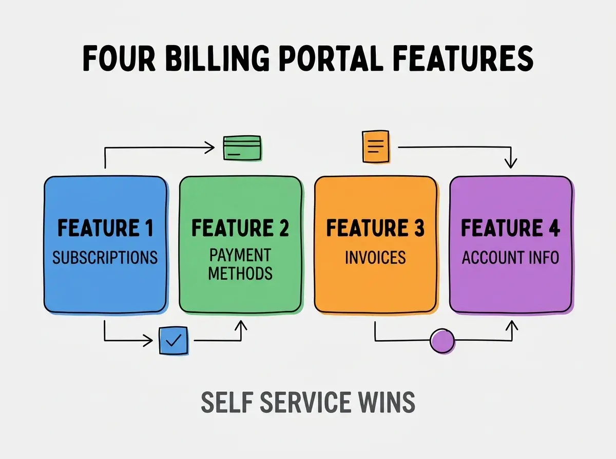 Clean modern flat infographic on light gray background. Top center bold black title text: FOUR BILLING PORTAL FEATURES. Below title, four equal sized colored rounded rectangle cards arranged horizontally. Card 1 blue: large bold text FEATURE 1 then smaller text SUBSCRIPTIONS. Card 2 green: large bold text FEATURE 2 then smaller text PAYMENT METHODS. Card 3 orange: large bold text FEATURE 3 then smaller text INVOICES. Card 4 purple: large bold text FEATURE 4 then smaller text ACCOUNT INFO. Single footer line below cards in dark gray text: SELF SERVICE WINS. Nothing else on canvas. No text outside cards or below cards.