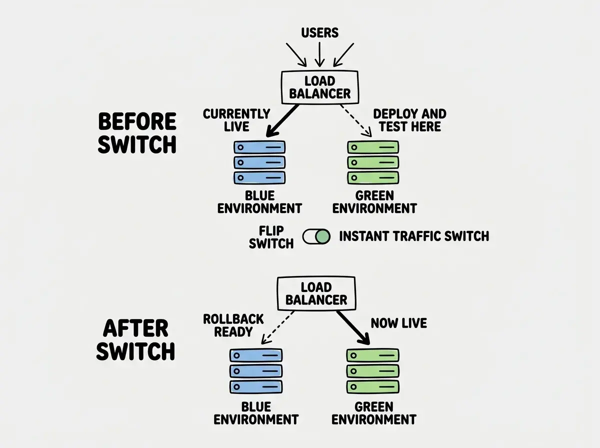 EXPLAINER DIAGRAM: Two identical server stacks labeled BLUE ENVIRONMENT and GREEN ENVIRONMENT sit side by side. Above them, a LOAD BALANCER box receives incoming USERS arrows from the top. A thick solid arrow goes from the load balancer to the BLUE ENVIRONMENT with the label CURRENTLY LIVE. A thin dashed arrow goes to the GREEN ENVIRONMENT with the label DEPLOY AND TEST HERE. Below the diagram, a second state shows the same layout but the thick solid arrow now points to GREEN ENVIRONMENT labeled NOW LIVE and the thin dashed arrow points to BLUE ENVIRONMENT labeled ROLLBACK READY. Between the two states, a FLIP SWITCH icon with the text INSTANT TRAFFIC SWITCH.