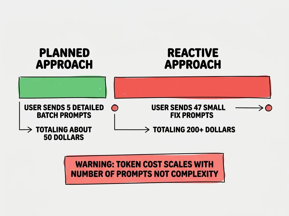 Explainer diagram showing a horizontal cost comparison bar chart: on the left labeled Planned Approach showing a user sending 5 detailed batch prompts totaling around $50, and on the right labeled Rapid-Fire Approach showing the same user sending 50 small iterative prompts totaling over $500, with a warning icon and the text Budget Before You Build