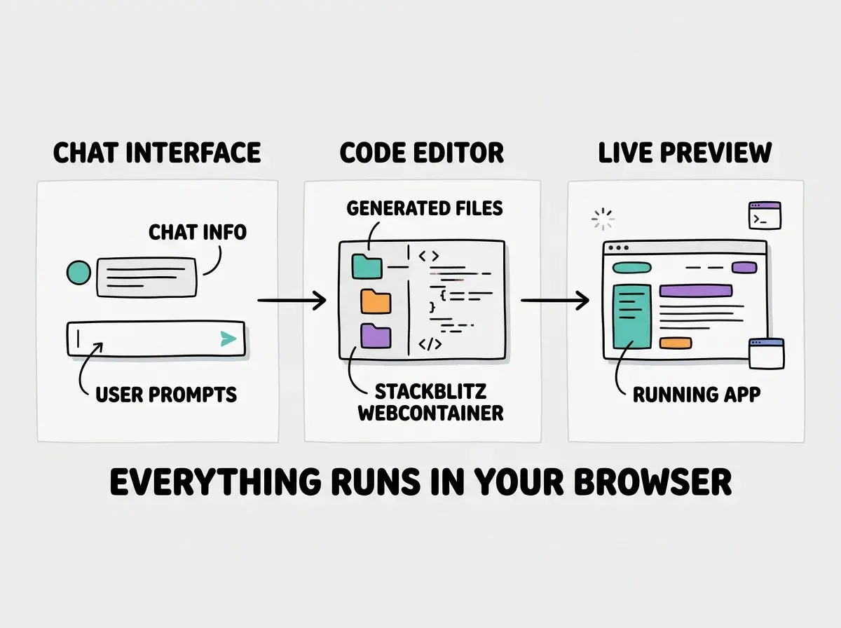 Explainer diagram showing Bolt.new's in-browser architecture with three panels: on the left a chat interface where the user types prompts, in the center a code editor showing generated files and folder structure, and on the right a live preview of the running application, with arrows showing that changes in chat update the code which updates the preview in real time