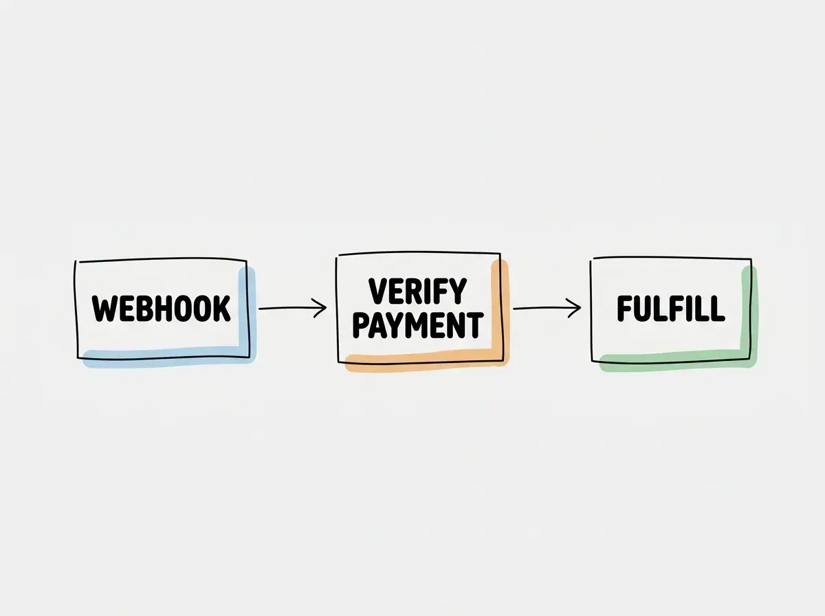 Simple conceptual diagram with separate boxes labeled WEBHOOK, VERIFY PAYMENT, FULFILL. Exactly these labels and no other text. No statistics or numbers.