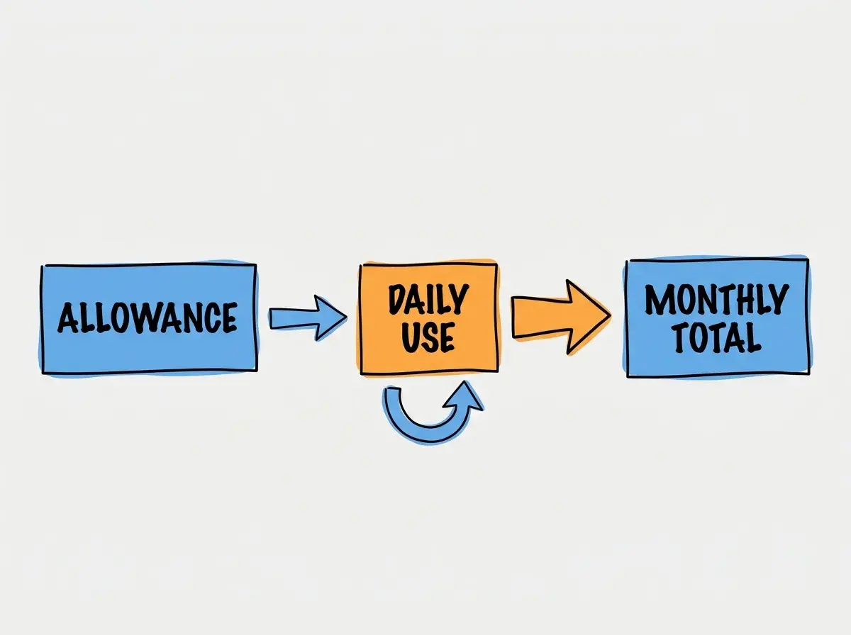 Simple conceptual diagram with separate boxes labeled ALLOWANCE, DAILY USE, MONTHLY TOTAL. Exactly these labels and no other text. No statistics or numbers.
