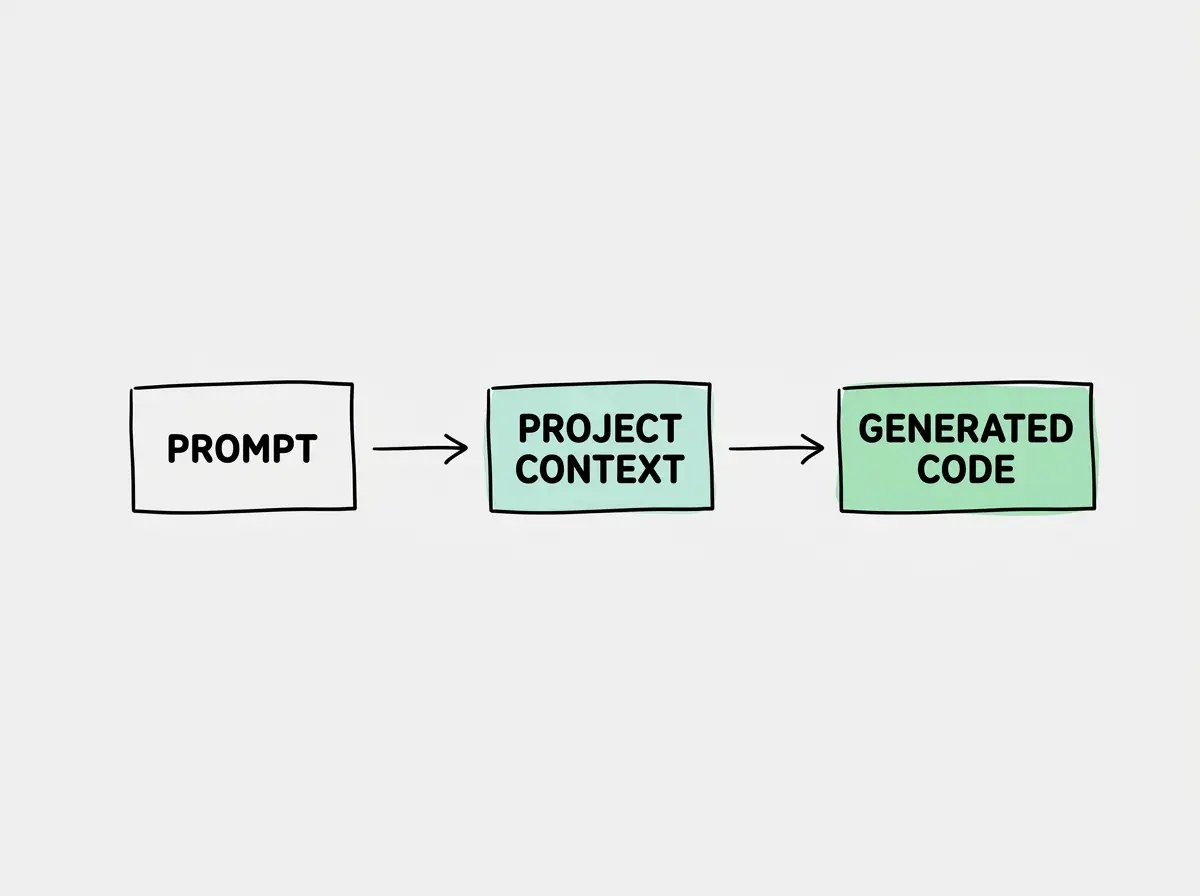 Simple conceptual diagram with separate boxes labeled PROMPT, PROJECT CONTEXT, GENERATED CODE. Exactly these labels and no other text. No statistics or numbers.