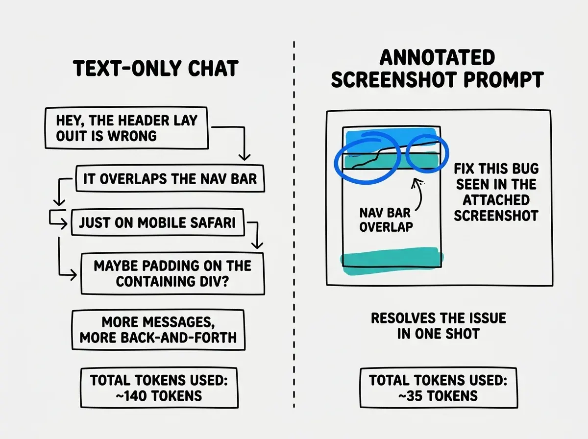 Explainer diagram comparing two approaches side by side, on the left a text-only chat with four back-and-forth messages trying to describe a layout bug, and on the right a single message with an annotated screenshot that resolves the same issue in one prompt, with a cost comparison showing the screenshot approach using fewer tokens