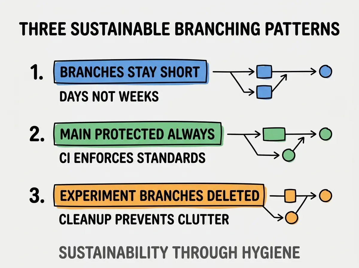 Clean modern flat infographic on light gray background. Top title bold black: THREE SUSTAINABLE BRANCHING PATTERNS. Single vertical numbered list with three rows. Row 1 blue badge BRANCHES STAY SHORT with subtitle DAYS NOT WEEKS. Row 2 green badge MAIN PROTECTED ALWAYS with subtitle CI ENFORCES STANDARDS. Row 3 orange badge EXPERIMENT BRANCHES DELETED with subtitle CLEANUP PREVENTS CLUTTER. Footer text dark gray: SUSTAINABILITY THROUGH HYGIENE. Each label appears exactly once. No duplicated text.