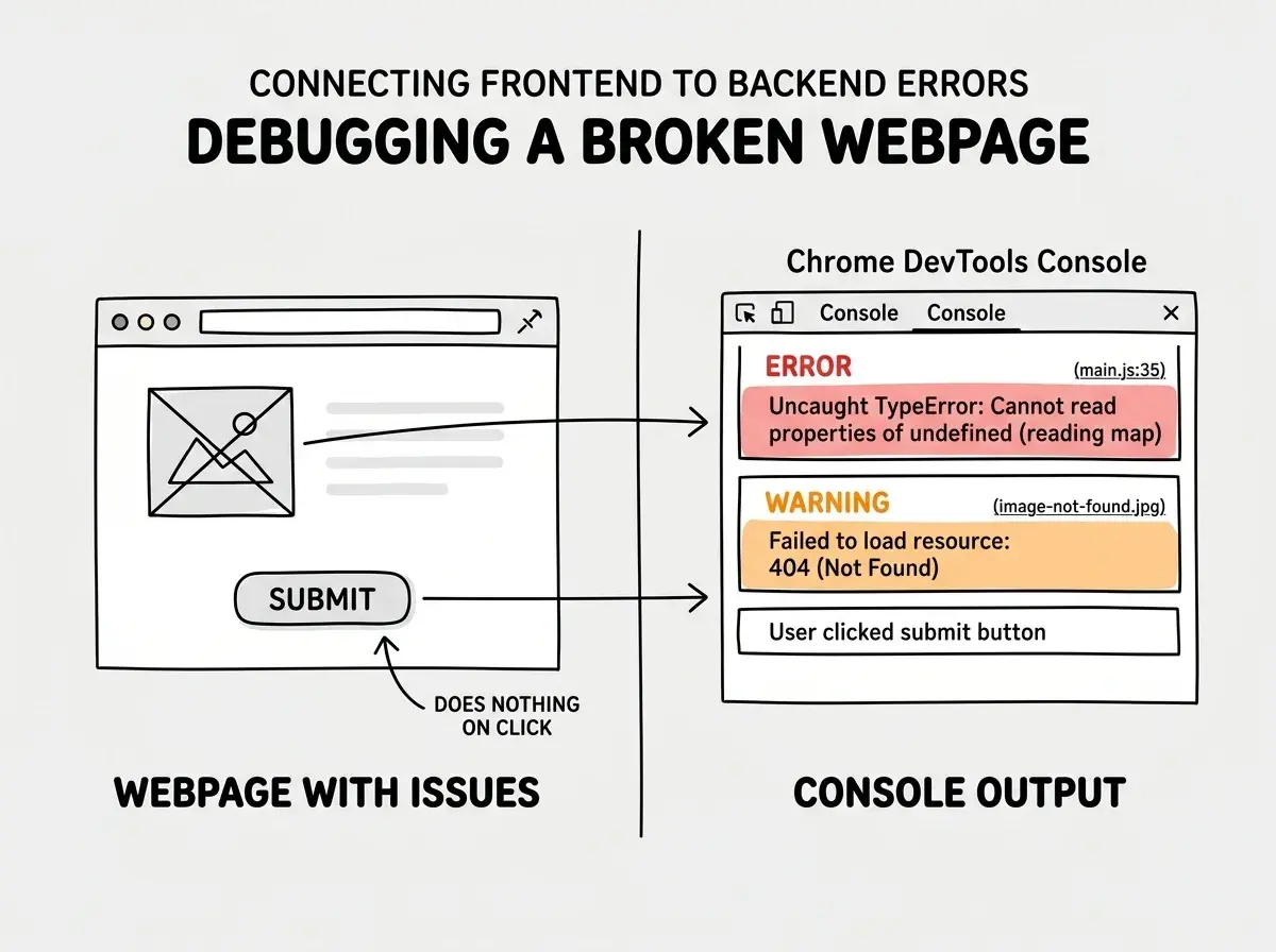 EXPLAINER DIAGRAM: A split-screen view. On the left, a browser window showing a webpage with a broken image icon and a button that does nothing when clicked. On the right, the Chrome DevTools Console tab showing three lines: a red error message reading 'Uncaught TypeError: Cannot read properties of undefined (reading map)' with a file reference, an orange warning reading 'Failed to load resource: 404 (Not Found)' pointing to an image URL, and a white info message reading 'User clicked submit button'. Arrows connect the broken image on the left to the 404 warning on the right, and the broken button to the TypeError error.