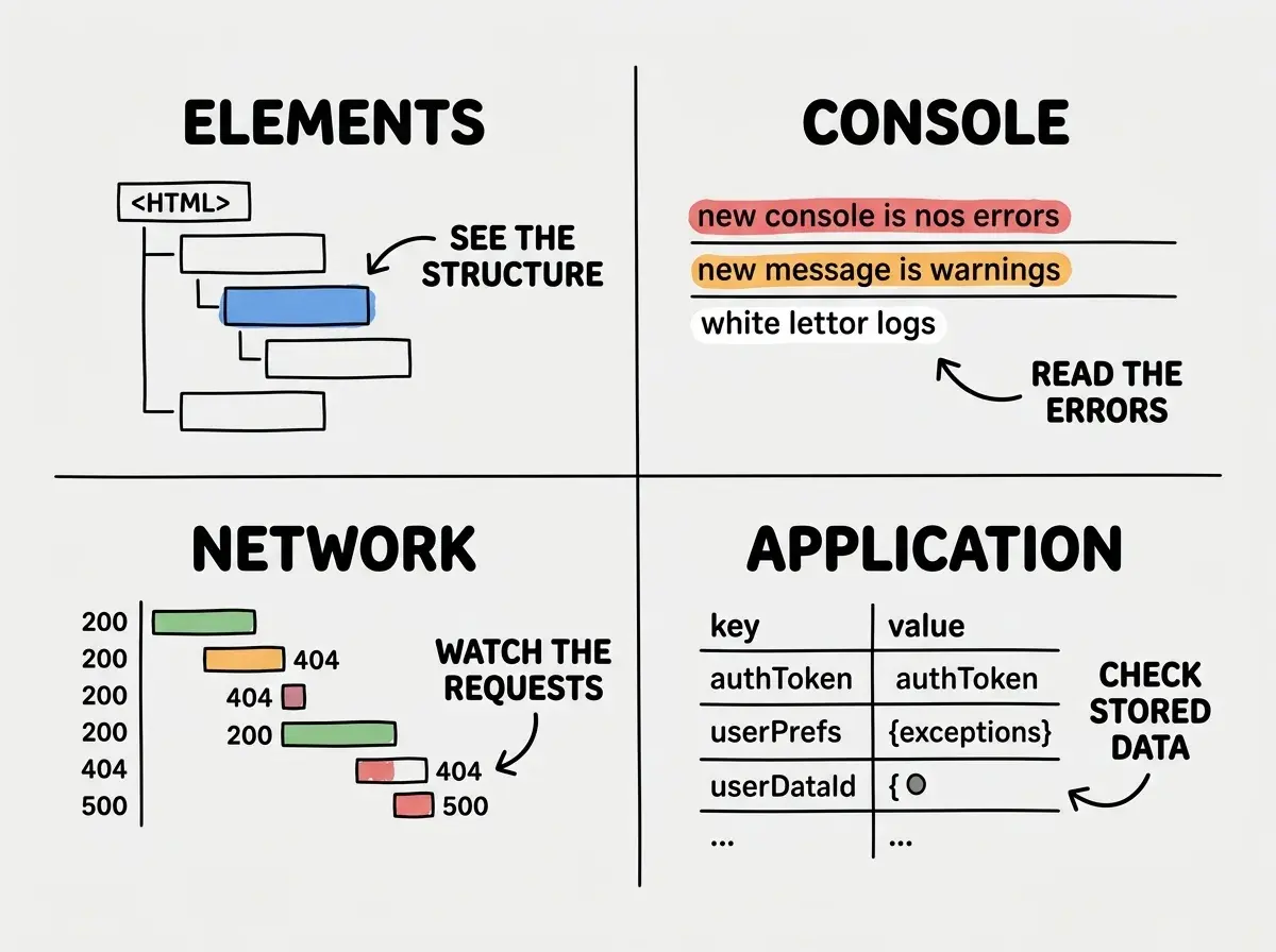 EXPLAINER DIAGRAM: A four-quadrant grid showing the four DevTools tabs. Top-left quadrant labeled ELEMENTS shows a simplified DOM tree with nested rectangles representing HTML elements, with one highlighted in blue and an arrow pointing to text reading 'See the structure'. Top-right quadrant labeled CONSOLE shows three lines of text: a red line for errors, an orange line for warnings, and a white line for logs, with an arrow pointing to text reading 'Read the errors'. Bottom-left quadrant labeled NETWORK shows a simplified waterfall chart with horizontal bars of varying lengths and status codes (200, 404, 500), with an arrow pointing to text reading 'Watch the requests'. Bottom-right quadrant labeled APPLICATION shows a key-value table with entries like authToken and userPrefs, with an arrow pointing to text reading 'Check stored data'. Clean, minimal design with consistent colors.