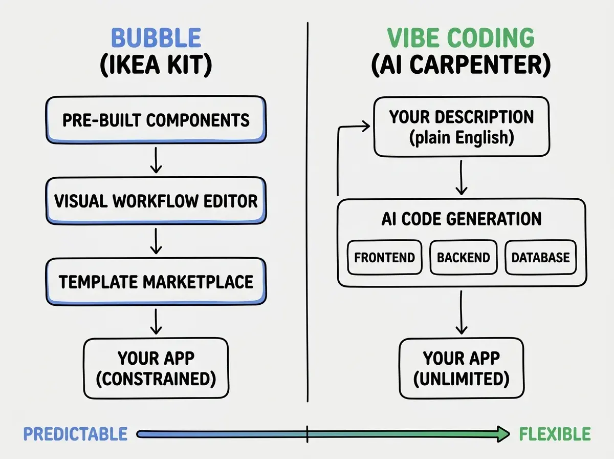 EXPLAINER DIAGRAM: A side-by-side comparison on white background with a vertical divider line. Left side header reads BUBBLE (IKEA KIT) in blue, showing a vertical stack of three labeled rounded rectangles: PRE-BUILT COMPONENTS at top, VISUAL WORKFLOW EDITOR in middle, TEMPLATE MARKETPLACE at bottom, all connected by downward arrows, feeding into a final box labeled YOUR APP (CONSTRAINED). Right side header reads VIBE CODING (AI CARPENTER) in green, showing a flow from a rounded rectangle labeled YOUR DESCRIPTION (plain English) with an arrow to a larger box labeled AI CODE GENERATION containing three smaller elements: FRONTEND, BACKEND, and DATABASE arranged horizontally. An arrow from that box leads to YOUR APP (UNLIMITED). Below both sides, a spectrum bar runs from left (labeled PREDICTABLE, blue) to right (labeled FLEXIBLE, green) with a midpoint marker.