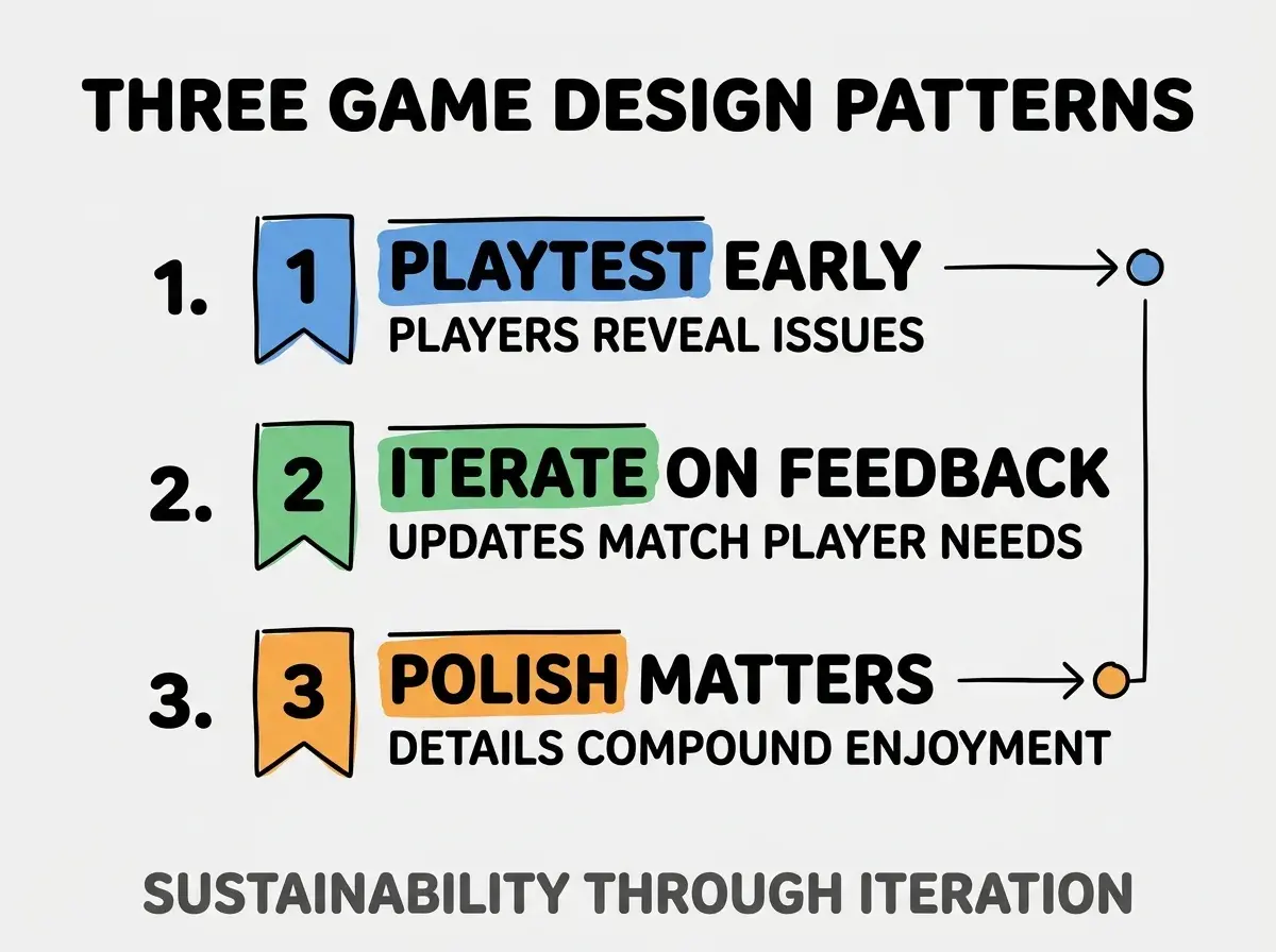 Clean modern flat infographic on light gray background. Top title bold black: THREE GAME DESIGN PATTERNS. Single vertical numbered list with three rows. Row 1 blue badge PLAYTEST EARLY with subtitle PLAYERS REVEAL ISSUES. Row 2 green badge ITERATE ON FEEDBACK with subtitle UPDATES MATCH PLAYER NEEDS. Row 3 orange badge POLISH MATTERS with subtitle DETAILS COMPOUND ENJOYMENT. Footer text dark gray: SUSTAINABILITY THROUGH ITERATION. Each label appears exactly once. No duplicated text.