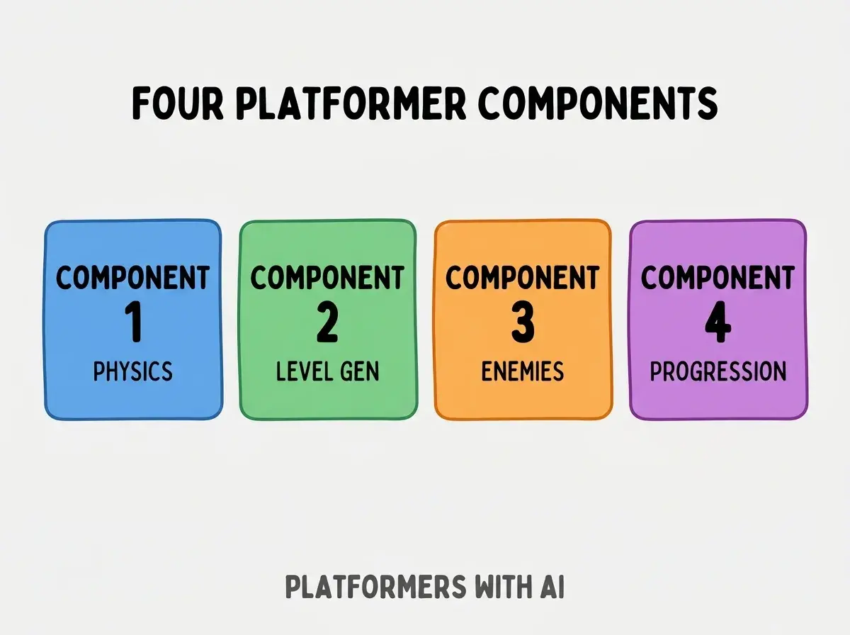 Clean modern flat infographic on light gray background. Top center bold black title text: FOUR PLATFORMER COMPONENTS. Below title, four equal sized colored rounded rectangle cards arranged horizontally. Card 1 blue: large bold text COMPONENT 1 then smaller text PHYSICS. Card 2 green: large bold text COMPONENT 2 then smaller text LEVEL GEN. Card 3 orange: large bold text COMPONENT 3 then smaller text ENEMIES. Card 4 purple: large bold text COMPONENT 4 then smaller text PROGRESSION. Single footer line below cards in dark gray text: PLATFORMERS WITH AI. Nothing else on canvas. No text outside cards or below cards.