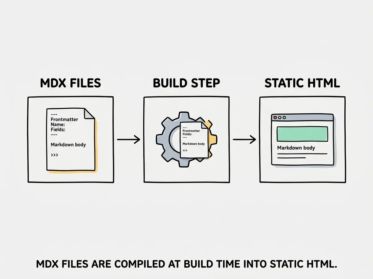 EXPLAINER DIAGRAM: A horizontal pipeline showing three stages of MDX rendering. Left box labeled MDX FILES shows a document icon with frontmatter fields (title, date, tags) at the top and markdown body below. Center box labeled BUILD STEP shows a gear icon with two arrows pointing into it, one from gray-matter labeled PARSE FRONTMATTER and one from next-mdx-remote labeled COMPILE MDX. Right box labeled STATIC HTML shows a browser window icon with rendered content inside. A bold arrow connects left to center to right. Light gray background.