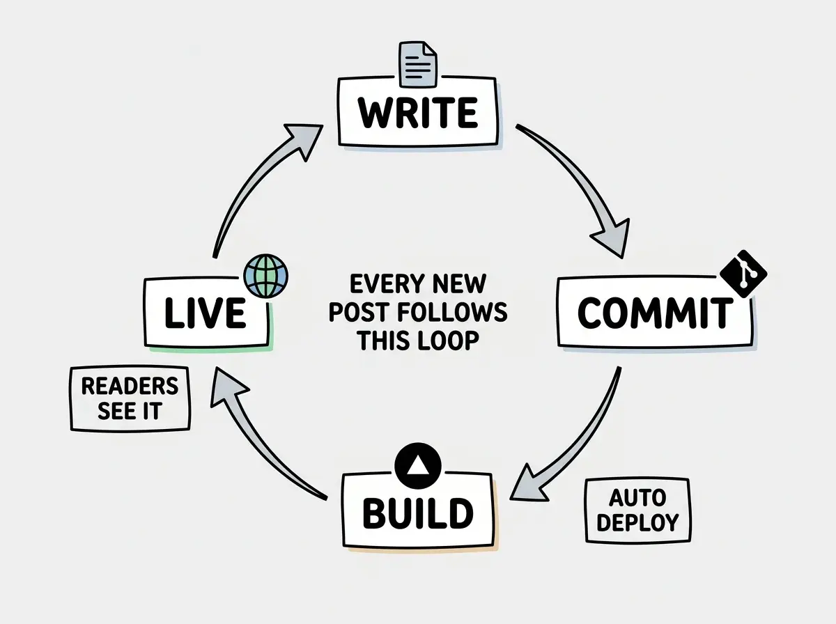 EXPLAINER DIAGRAM: A circular workflow diagram showing the blog publishing cycle. Top position labeled WRITE shows a document icon with the text MDX FILE. Right position labeled COMMIT shows a Git icon with the text PUSH TO GITHUB. Bottom position labeled BUILD shows a Vercel icon with the text AUTO DEPLOY. Left position labeled LIVE shows a globe icon with the text READERS SEE IT. Curved arrows connect each position clockwise. Center text reads EVERY NEW POST FOLLOWS THIS LOOP. Light gray background.