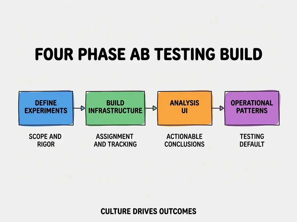EXPLAINER DIAGRAM titled FOUR PHASE AB TESTING BUILD shown as a horizontal four-stage pipeline on a slate background. Stage 1 colored blue DEFINE EXPERIMENTS sublabel SCOPE AND RIGOR. Stage 2 colored green BUILD INFRASTRUCTURE sublabel ASSIGNMENT AND TRACKING. Stage 3 colored orange ANALYSIS UI sublabel ACTIONABLE CONCLUSIONS. Stage 4 colored purple OPERATIONAL PATTERNS sublabel TESTING DEFAULT. Footer reads CULTURE DRIVES OUTCOMES.