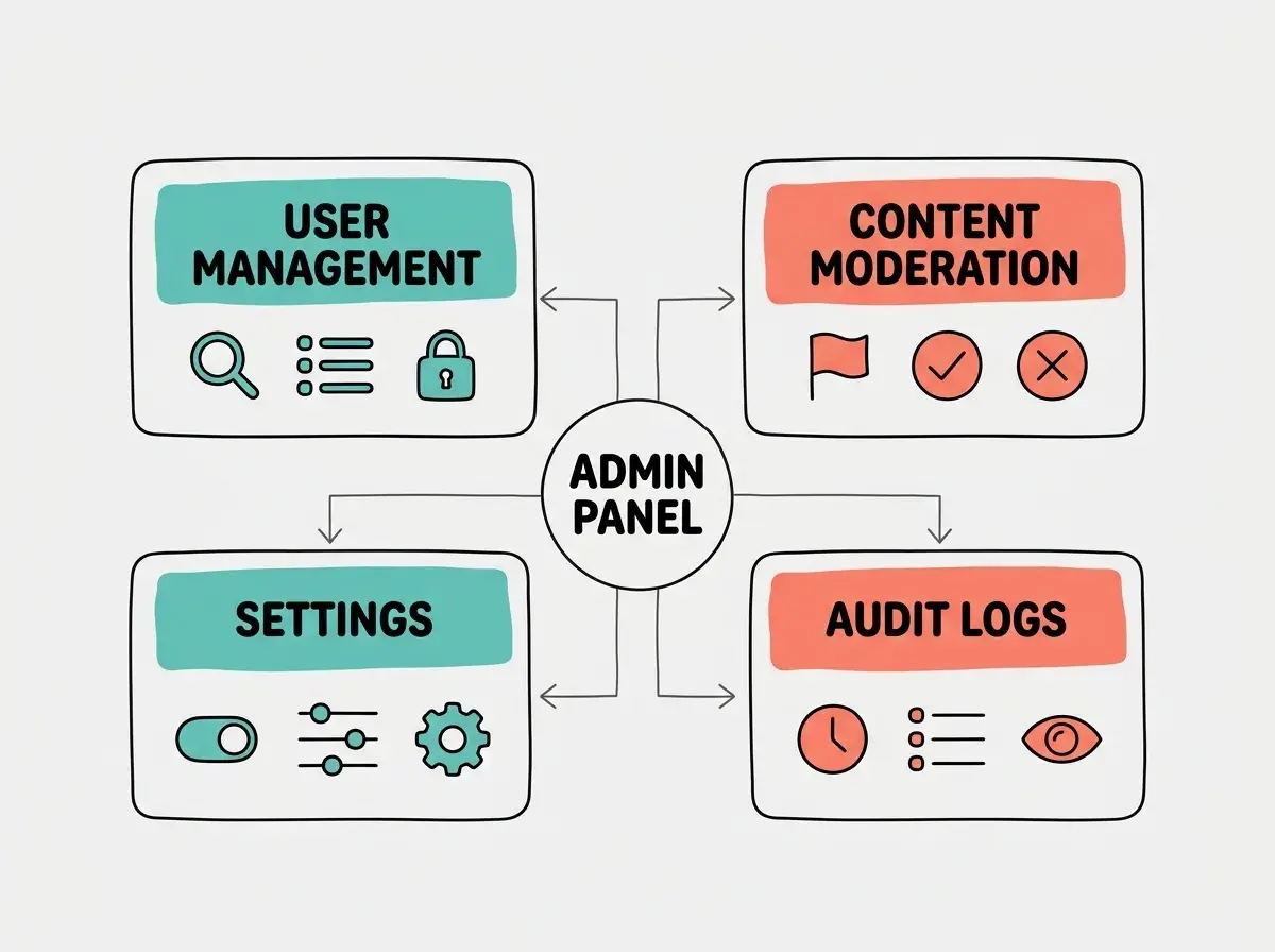 EXPLAINER DIAGRAM: A grid layout showing four rounded rectangles arranged in a 2x2 grid. Top-left box labeled USER MANAGEMENT in teal with icons for search, list, and lock. Top-right box labeled CONTENT MODERATION in coral with icons for flag, checkmark, and X. Bottom-left box labeled SETTINGS in teal with icons for toggle, slider, and gear. Bottom-right box labeled AUDIT LOGS in coral with icons for clock, list, and eye. All four boxes are connected by thin lines to a central circle labeled ADMIN PANEL. Light gray background.