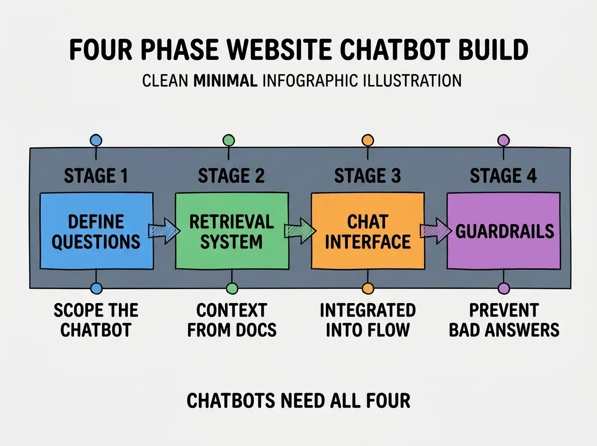 EXPLAINER DIAGRAM titled FOUR PHASE WEBSITE CHATBOT BUILD shown as a horizontal four-stage pipeline on a slate background. Stage 1 colored blue DEFINE QUESTIONS sublabel SCOPE THE CHATBOT. Stage 2 colored green RETRIEVAL SYSTEM sublabel CONTEXT FROM DOCS. Stage 3 colored orange CHAT INTERFACE sublabel INTEGRATED INTO FLOW. Stage 4 colored purple GUARDRAILS sublabel PREVENT BAD ANSWERS. Footer reads CHATBOTS NEED ALL FOUR.