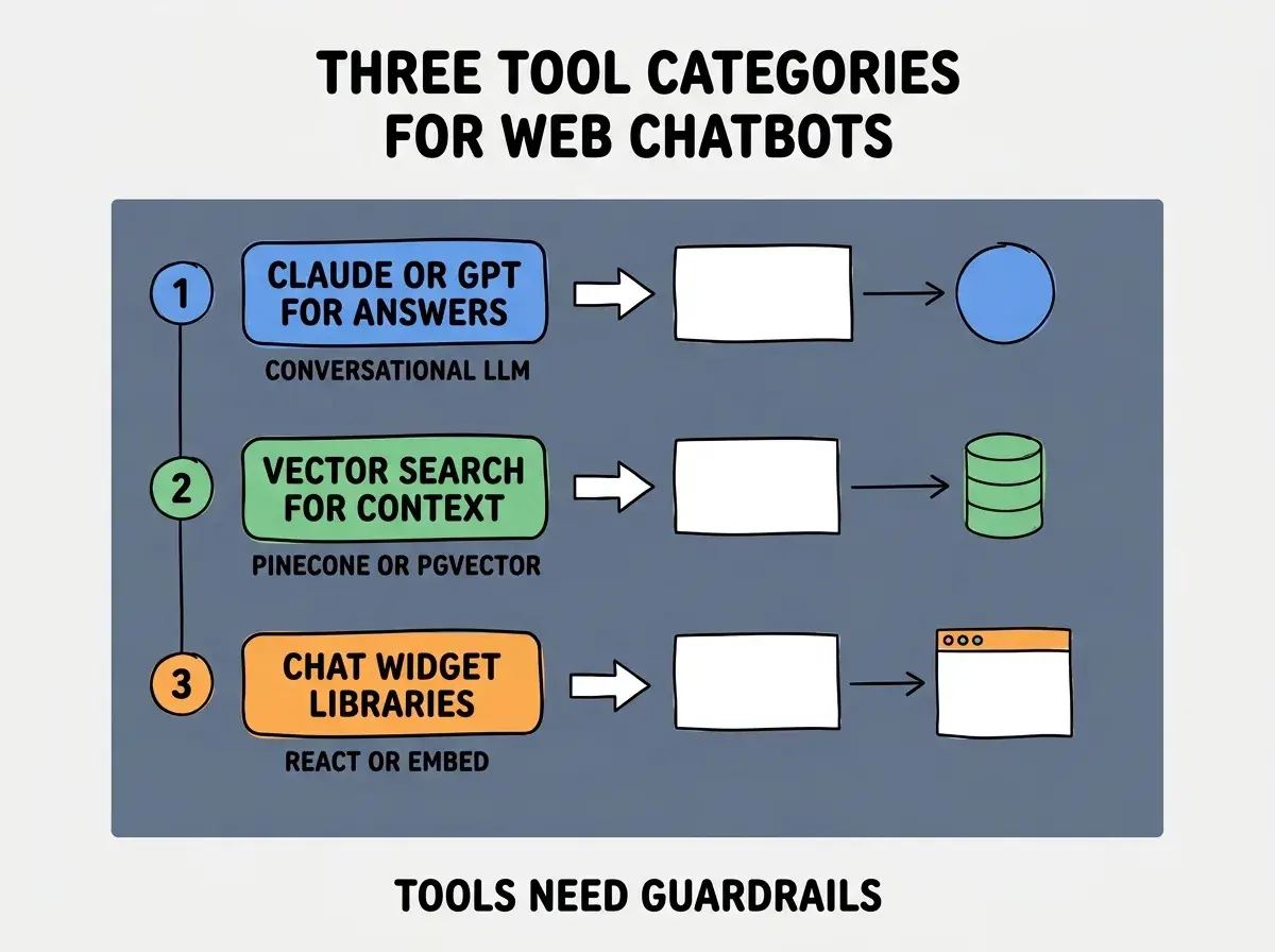 EXPLAINER DIAGRAM titled THREE TOOL CATEGORIES FOR WEB CHATBOTS shown as a vertical numbered list on a slate background. Three rows. Row 1 blue badge CLAUDE OR GPT FOR ANSWERS sublabel CONVERSATIONAL LLM. Row 2 green badge VECTOR SEARCH FOR CONTEXT sublabel PINECONE OR PGVECTOR. Row 3 orange badge CHAT WIDGET LIBRARIES sublabel REACT OR EMBED. Footer reads TOOLS NEED GUARDRAILS. CRITICAL: each label appears only ONCE.