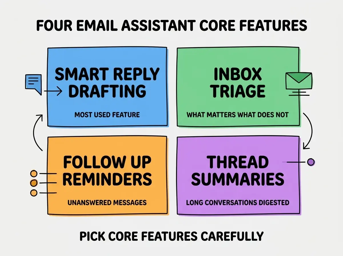 EXPLAINER DIAGRAM titled FOUR EMAIL ASSISTANT CORE FEATURES shown as a 2x2 grid of quadrants on a slate background. Top left blue SMART REPLY DRAFTING sublabel MOST USED FEATURE. Top right green INBOX TRIAGE sublabel WHAT MATTERS WHAT DOES NOT. Bottom left orange FOLLOW UP REMINDERS sublabel UNANSWERED MESSAGES. Bottom right purple THREAD SUMMARIES sublabel LONG CONVERSATIONS DIGESTED. Center label reads ALL FOUR DELIVER REAL TIME SAVINGS. Footer reads PICK CORE FEATURES CAREFULLY.
