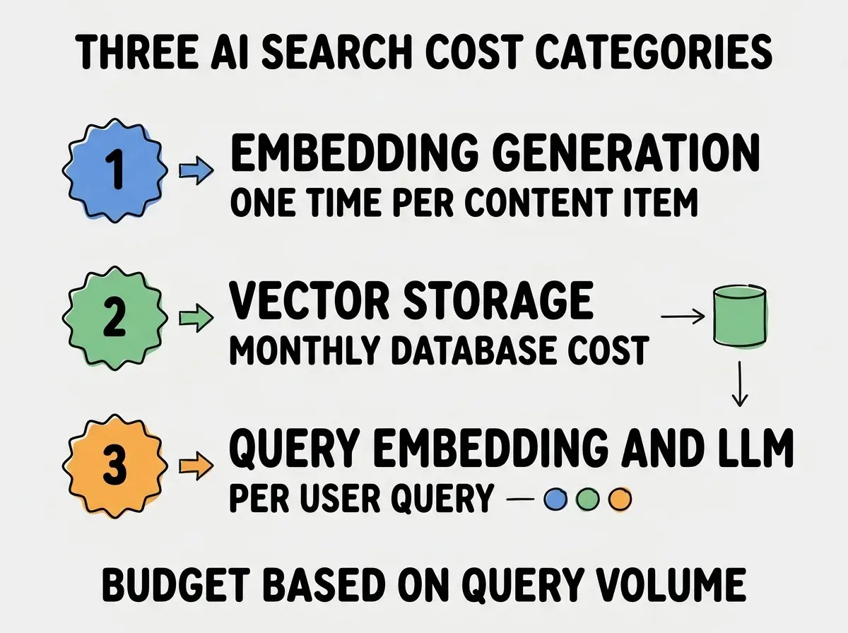EXPLAINER DIAGRAM titled THREE AI SEARCH COST CATEGORIES shown as a vertical numbered list on a slate background. Three rows. Row 1 blue badge EMBEDDING GENERATION sublabel ONE TIME PER CONTENT ITEM. Row 2 green badge VECTOR STORAGE sublabel MONTHLY DATABASE COST. Row 3 orange badge QUERY EMBEDDING AND LLM sublabel PER USER QUERY. Footer reads BUDGET BASED ON QUERY VOLUME.