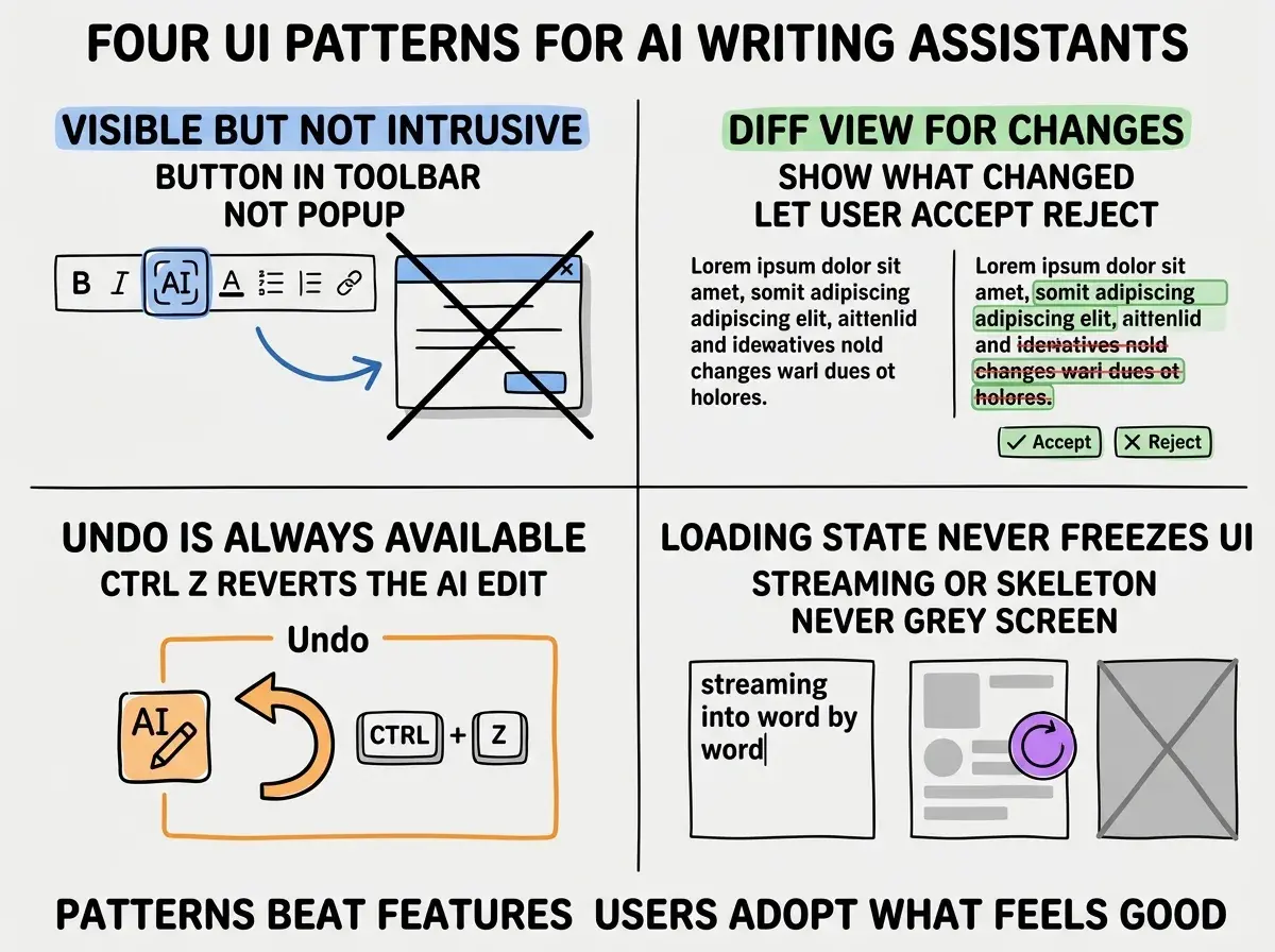 EXPLAINER DIAGRAM titled FOUR UI PATTERNS FOR AI WRITING ASSISTANTS shown as a 2x2 grid of quadrants on a slate background. Top left blue VISIBLE BUT NOT INTRUSIVE sublabel BUTTON IN TOOLBAR NOT POPUP. Top right green DIFF VIEW FOR CHANGES sublabel SHOW WHAT CHANGED LET USER ACCEPT REJECT. Bottom left orange UNDO IS ALWAYS AVAILABLE sublabel CTRL Z REVERTS THE AI EDIT. Bottom right purple LOADING STATE NEVER FREEZES UI sublabel STREAMING OR SKELETON NEVER GREY SCREEN. Footer reads PATTERNS BEAT FEATURES, USERS ADOPT WHAT FEELS GOOD.