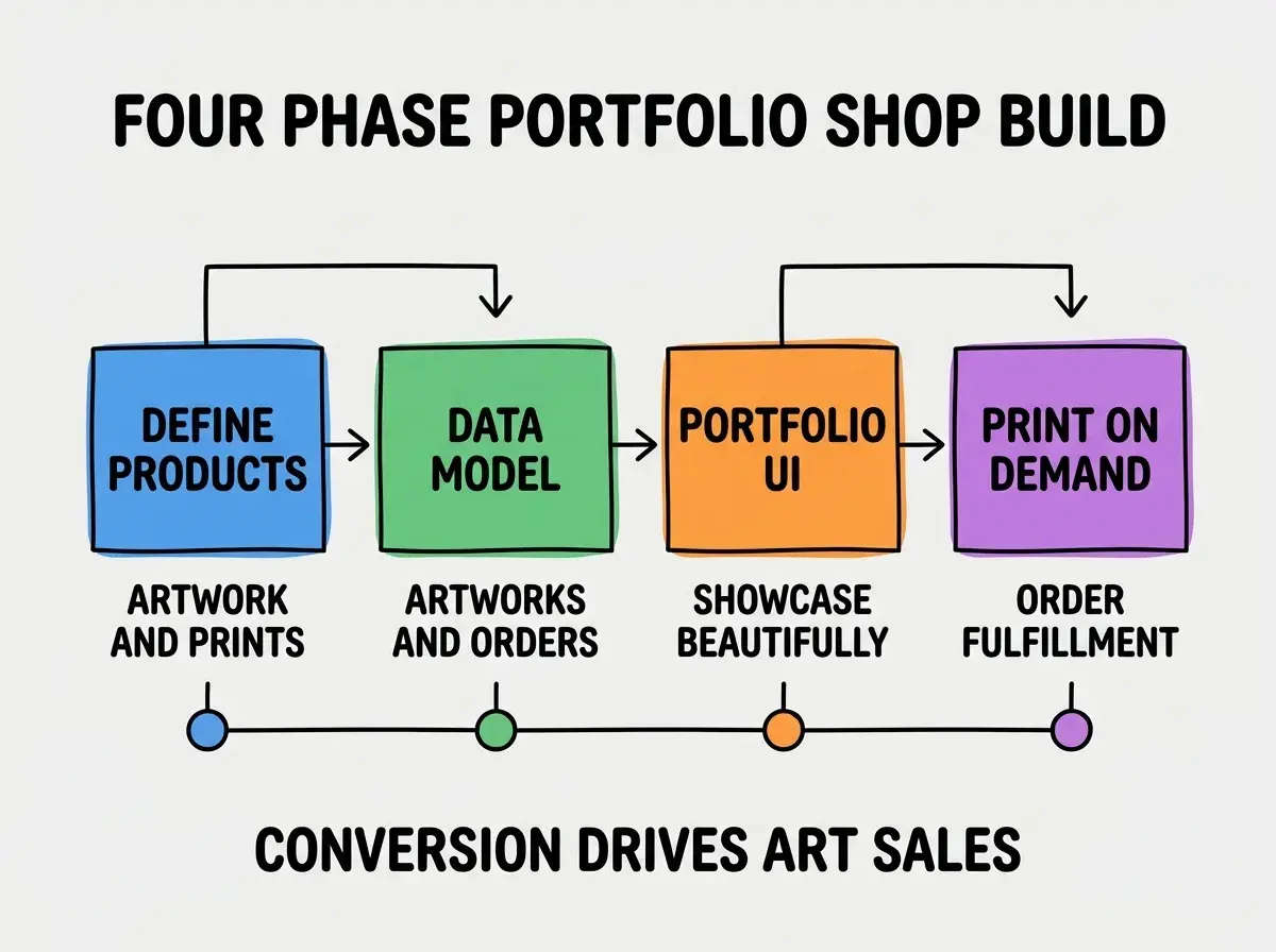 EXPLAINER DIAGRAM titled FOUR PHASE PORTFOLIO SHOP BUILD shown as a horizontal four-stage pipeline on a slate background. Stage 1 colored blue DEFINE PRODUCTS sublabel ARTWORK AND PRINTS. Stage 2 colored green DATA MODEL sublabel ARTWORKS AND ORDERS. Stage 3 colored orange PORTFOLIO UI sublabel SHOWCASE BEAUTIFULLY. Stage 4 colored purple PRINT ON DEMAND sublabel ORDER FULFILLMENT. Footer reads CONVERSION DRIVES ART SALES.