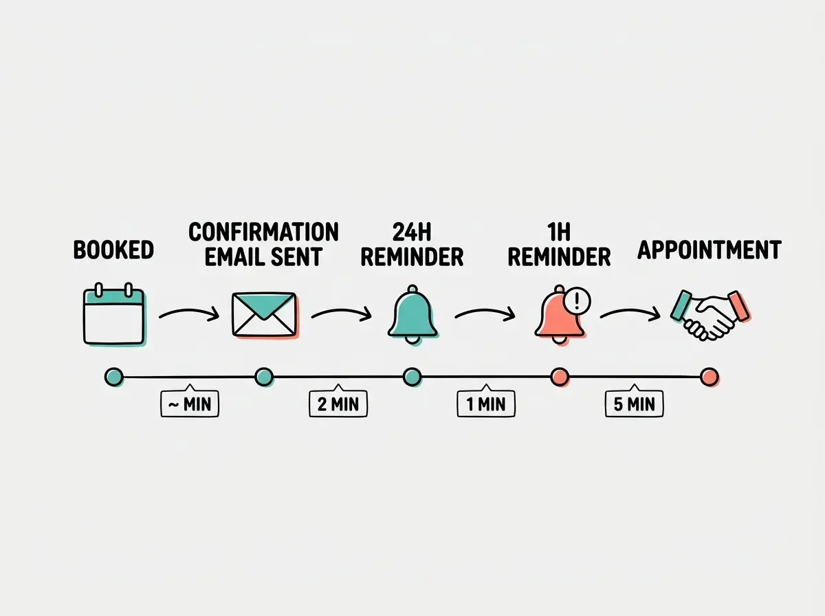 EXPLAINER DIAGRAM: A horizontal timeline showing the lifecycle of a single booking. Five labeled points on the timeline from left to right: BOOKED (calendar icon), CONFIRMATION EMAIL SENT (envelope icon), 24H REMINDER (bell icon), 1H REMINDER (bell icon with exclamation), APPOINTMENT (handshake icon). Curved arrows connect each point. Below the timeline, a row of small labels shows the time between each event. Teal and coral accent colors on a light background.
