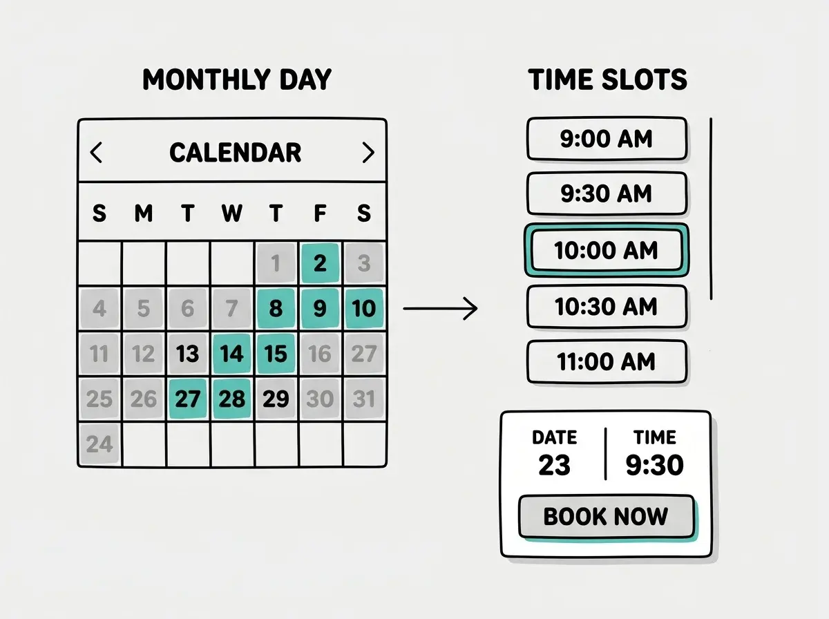 EXPLAINER DIAGRAM: A two-panel layout showing the booking flow. Left panel shows a monthly calendar grid with some dates highlighted in teal (available) and others grayed out (unavailable). An arrow points from a highlighted date to the right panel, which shows a vertical list of time slot buttons labeled 9:00 AM, 9:30 AM, 10:00 AM, 10:30 AM, 11:00 AM. One slot is selected with a teal border. Below the time slots, a confirmation card shows the selected date, time, and a BOOK NOW button. Light background with clean lines.