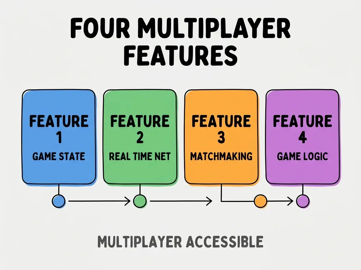 Clean modern flat infographic on light gray background. Top center bold black title text: FOUR MULTIPLAYER FEATURES. Below title, four equal sized colored rounded rectangle cards arranged horizontally. Card 1 blue: large bold text FEATURE 1 then smaller text GAME STATE. Card 2 green: large bold text FEATURE 2 then smaller text REAL TIME NET. Card 3 orange: large bold text FEATURE 3 then smaller text MATCHMAKING. Card 4 purple: large bold text FEATURE 4 then smaller text GAME LOGIC. Single footer line below cards in dark gray text: MULTIPLAYER ACCESSIBLE. Nothing else on canvas. No text outside cards or below cards.