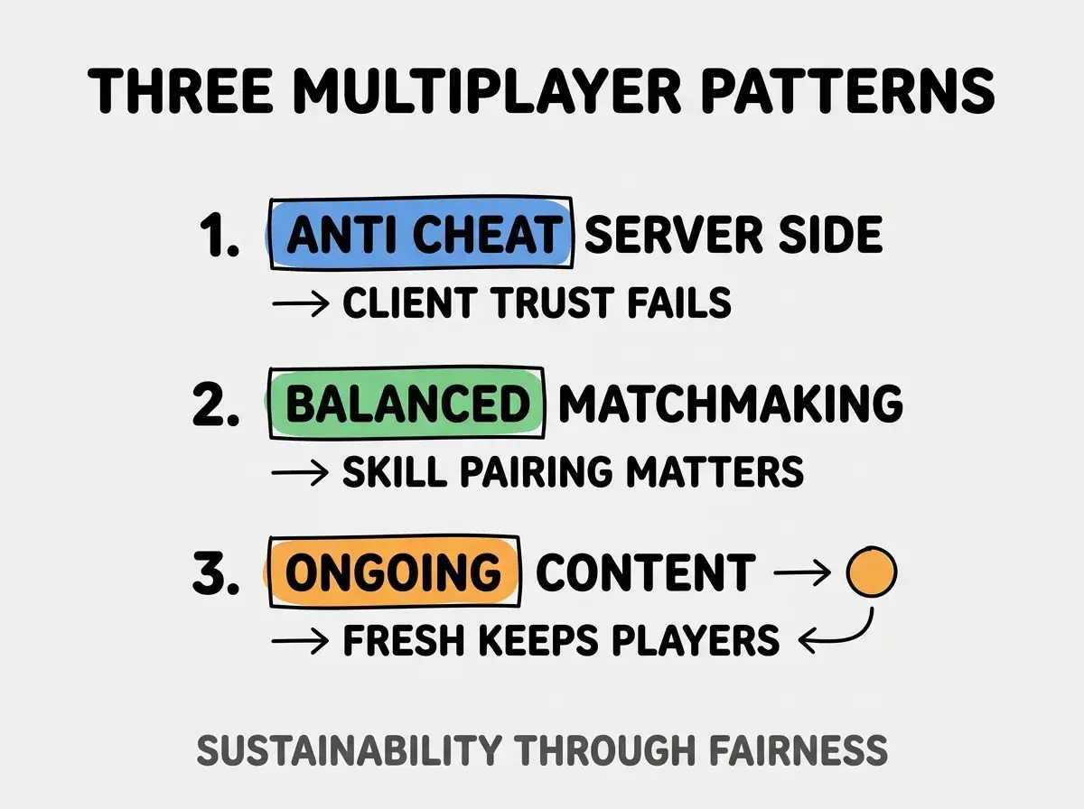 Clean modern flat infographic on light gray background. Top title bold black: THREE MULTIPLAYER PATTERNS. Single vertical numbered list with three rows. Row 1 blue badge ANTI CHEAT SERVER SIDE with subtitle CLIENT TRUST FAILS. Row 2 green badge BALANCED MATCHMAKING with subtitle SKILL PAIRING MATTERS. Row 3 orange badge ONGOING CONTENT with subtitle FRESH KEEPS PLAYERS. Footer text dark gray: SUSTAINABILITY THROUGH FAIRNESS. Each label appears exactly once. No duplicated text.