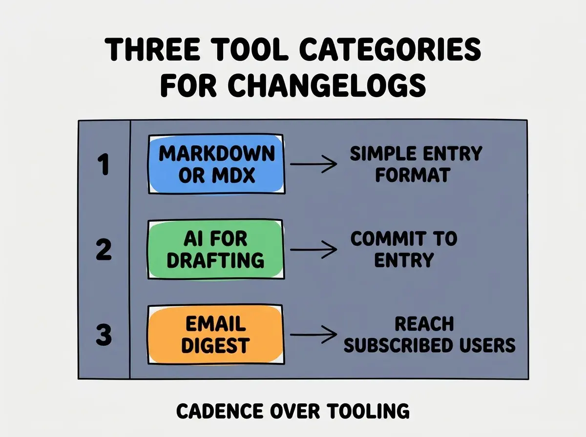 EXPLAINER DIAGRAM titled THREE TOOL CATEGORIES FOR CHANGELOGS shown as a vertical numbered list on a slate background. Three rows. Row 1 blue badge MARKDOWN OR MDX sublabel SIMPLE ENTRY FORMAT. Row 2 green badge AI FOR DRAFTING sublabel COMMIT TO ENTRY. Row 3 orange badge EMAIL DIGEST sublabel REACH SUBSCRIBED USERS. Footer reads CADENCE OVER TOOLING. CRITICAL: each label appears only ONCE.