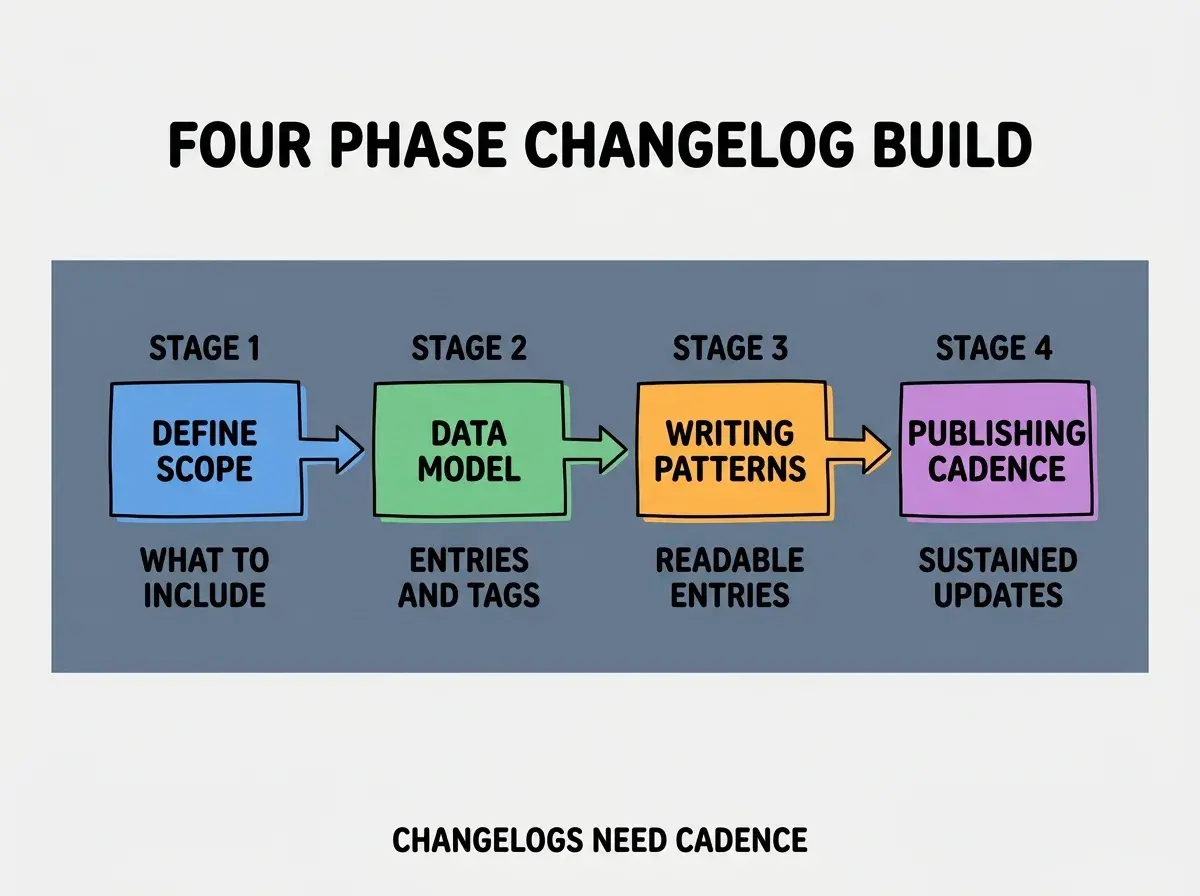 EXPLAINER DIAGRAM titled FOUR PHASE CHANGELOG BUILD shown as a horizontal four-stage pipeline on a slate background. Stage 1 colored blue DEFINE SCOPE sublabel WHAT TO INCLUDE. Stage 2 colored green DATA MODEL sublabel ENTRIES AND TAGS. Stage 3 colored orange WRITING PATTERNS sublabel READABLE ENTRIES. Stage 4 colored purple PUBLISHING CADENCE sublabel SUSTAINED UPDATES. Footer reads CHANGELOGS NEED CADENCE.
