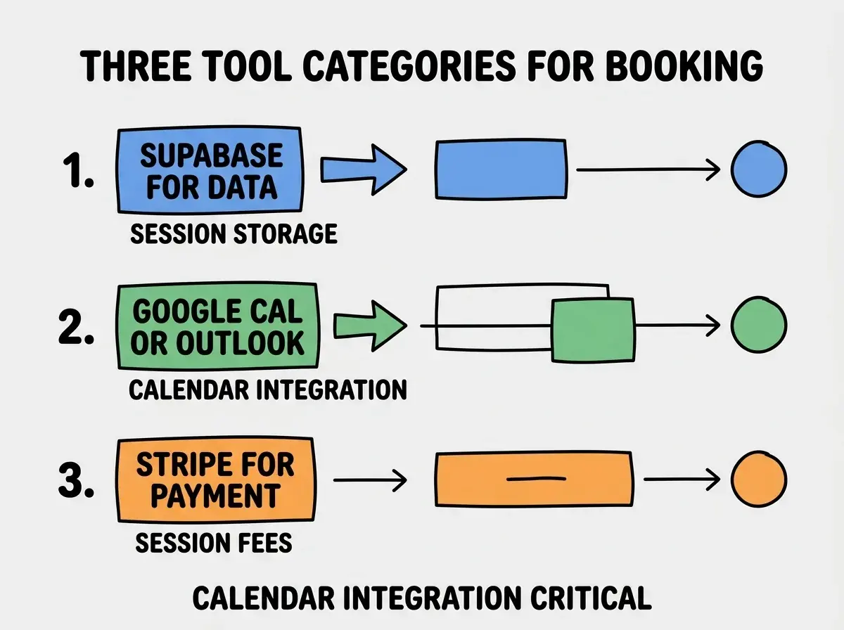 EXPLAINER DIAGRAM titled THREE TOOL CATEGORIES FOR BOOKING shown as a vertical numbered list on a slate background. Three rows. Row 1 blue badge SUPABASE FOR DATA sublabel SESSION STORAGE. Row 2 green badge GOOGLE CAL OR OUTLOOK sublabel CALENDAR INTEGRATION. Row 3 orange badge STRIPE FOR PAYMENT sublabel SESSION FEES. Footer reads CALENDAR INTEGRATION CRITICAL. CRITICAL: each label appears only ONCE.