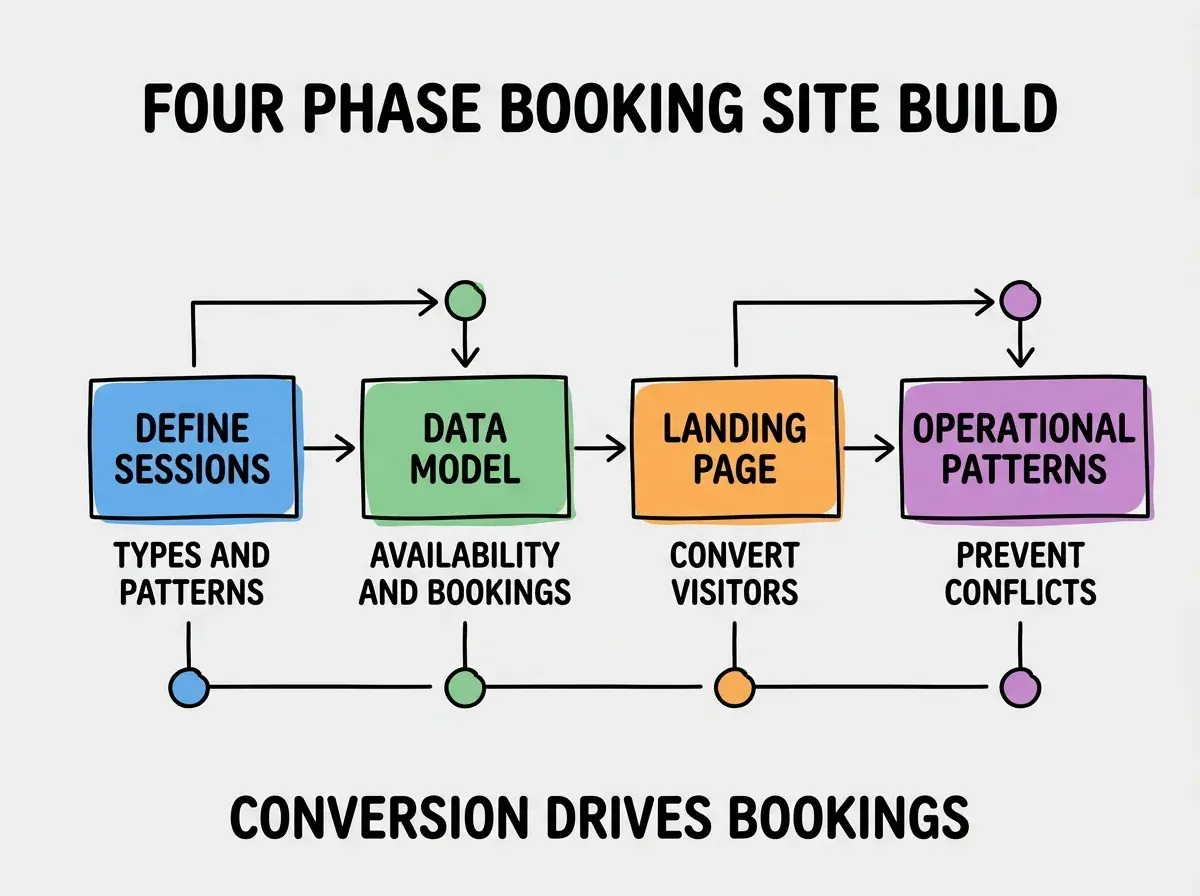 EXPLAINER DIAGRAM titled FOUR PHASE BOOKING SITE BUILD shown as a horizontal four-stage pipeline on a slate background. Stage 1 colored blue DEFINE SESSIONS sublabel TYPES AND PATTERNS. Stage 2 colored green DATA MODEL sublabel AVAILABILITY AND BOOKINGS. Stage 3 colored orange LANDING PAGE sublabel CONVERT VISITORS. Stage 4 colored purple OPERATIONAL PATTERNS sublabel PREVENT CONFLICTS. Footer reads CONVERSION DRIVES BOOKINGS.