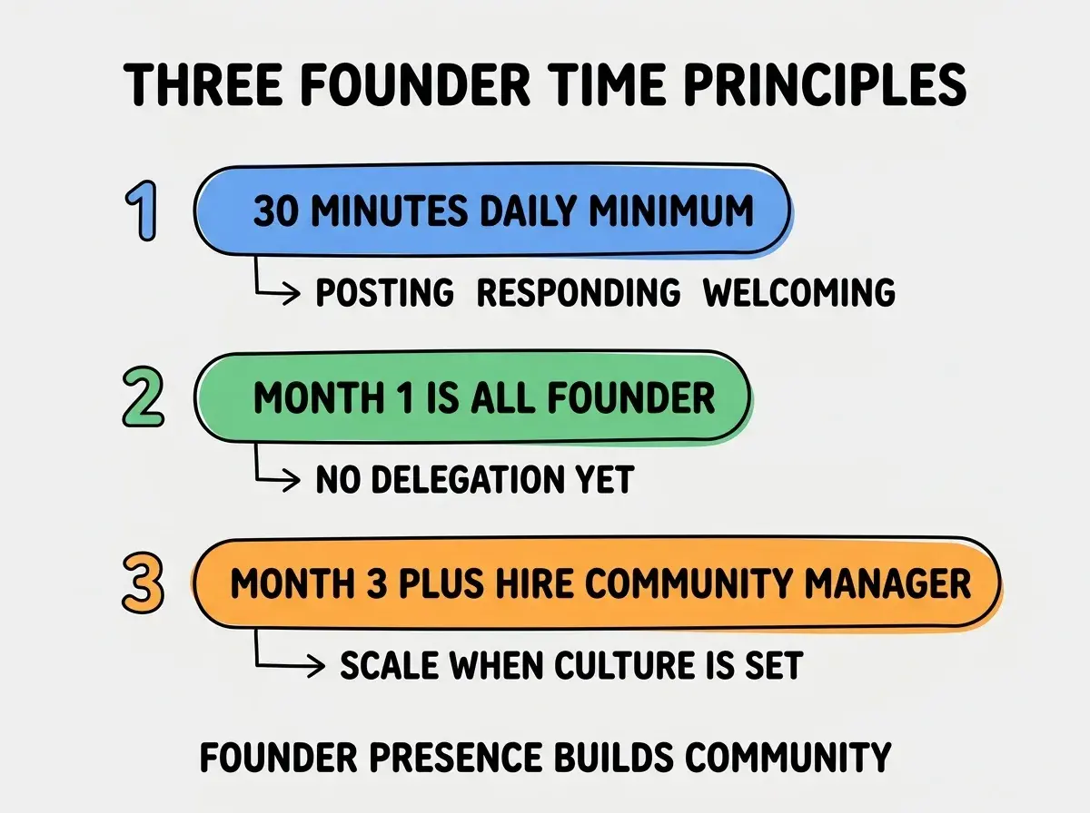 EXPLAINER DIAGRAM titled THREE FOUNDER TIME PRINCIPLES shown as a vertical numbered list on a slate background. Three rows. Row 1 blue badge 30 MINUTES DAILY MINIMUM sublabel POSTING RESPONDING WELCOMING. Row 2 green badge MONTH 1 IS ALL FOUNDER sublabel NO DELEGATION YET. Row 3 orange badge MONTHS 3 PLUS HIRE COMMUNITY MANAGER sublabel SCALE WHEN CULTURE IS SET. Footer reads FOUNDER PRESENCE BUILDS COMMUNITY OTHERS MAINTAIN.