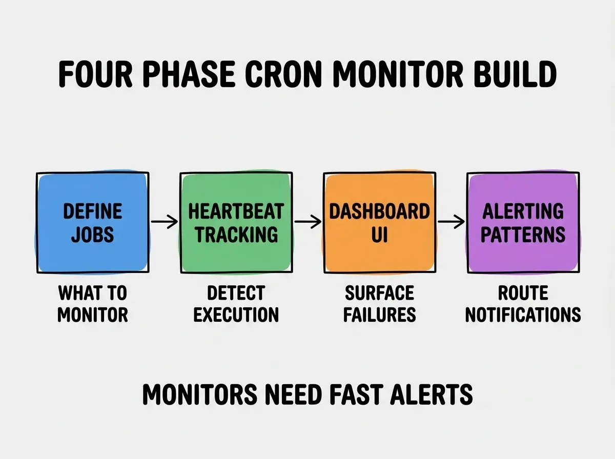 EXPLAINER DIAGRAM titled FOUR PHASE CRON MONITOR BUILD shown as a horizontal four-stage pipeline on a slate background. Stage 1 colored blue DEFINE JOBS sublabel WHAT TO MONITOR. Stage 2 colored green HEARTBEAT TRACKING sublabel DETECT EXECUTION. Stage 3 colored orange DASHBOARD UI sublabel SURFACE FAILURES. Stage 4 colored purple ALERTING PATTERNS sublabel ROUTE NOTIFICATIONS. Footer reads MONITORS NEED FAST ALERTS.