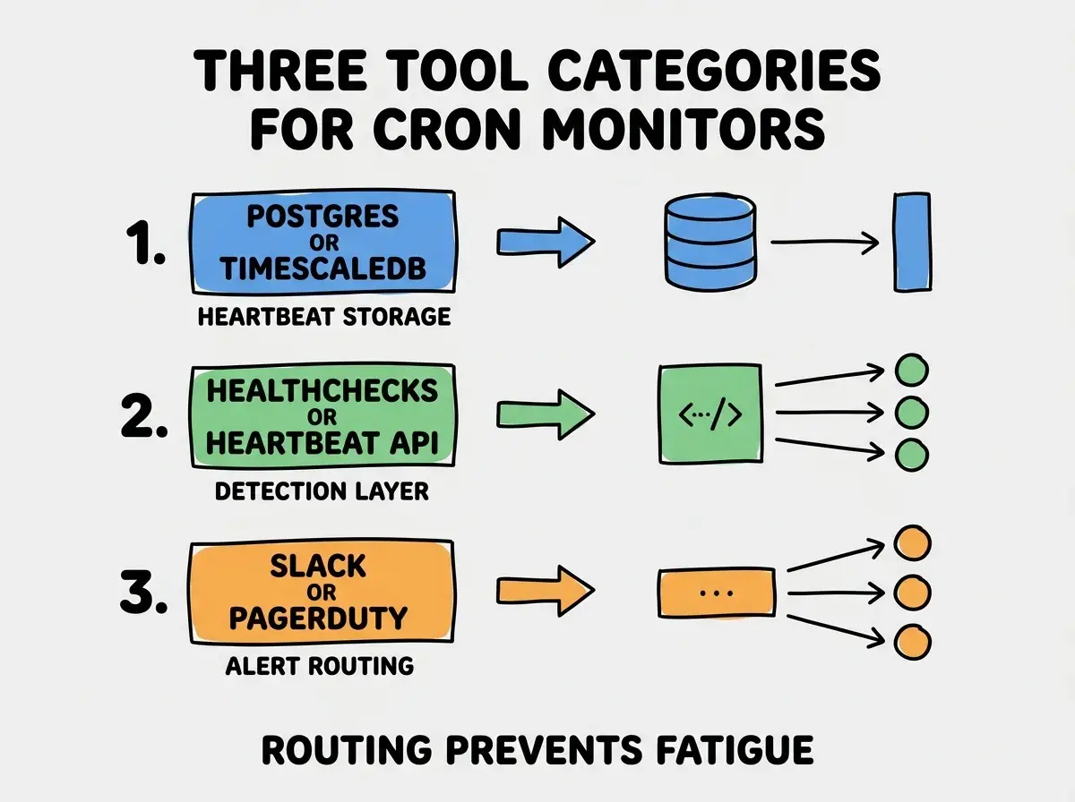 EXPLAINER DIAGRAM titled THREE TOOL CATEGORIES FOR CRON MONITORS shown as a vertical numbered list on a slate background. Three rows. Row 1 blue badge POSTGRES OR TIMESCALEDB sublabel HEARTBEAT STORAGE. Row 2 green badge HEALTHCHECKS OR HEARTBEAT API sublabel DETECTION LAYER. Row 3 orange badge SLACK OR PAGERDUTY sublabel ALERT ROUTING. Footer reads ROUTING PREVENTS FATIGUE. CRITICAL: each label appears only ONCE.
