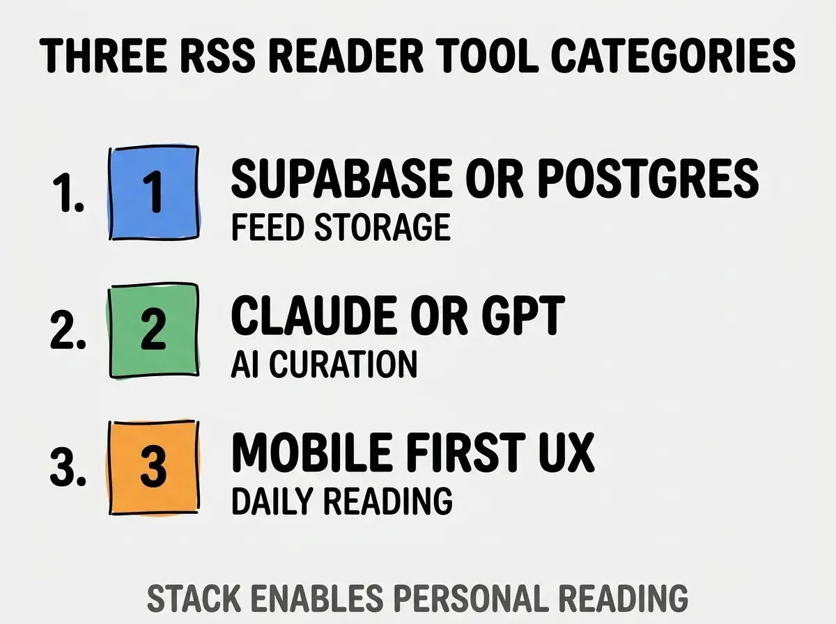 Clean modern flat infographic on light gray background. Top title bold black: THREE RSS READER TOOL CATEGORIES. Single vertical numbered list with three rows. Row 1 blue badge SUPABASE OR POSTGRES with subtitle FEED STORAGE. Row 2 green badge CLAUDE OR GPT with subtitle AI CURATION. Row 3 orange badge MOBILE FIRST UX with subtitle DAILY READING. Footer text dark gray: STACK ENABLES PERSONAL READING. Each label appears exactly once. No duplicated text.