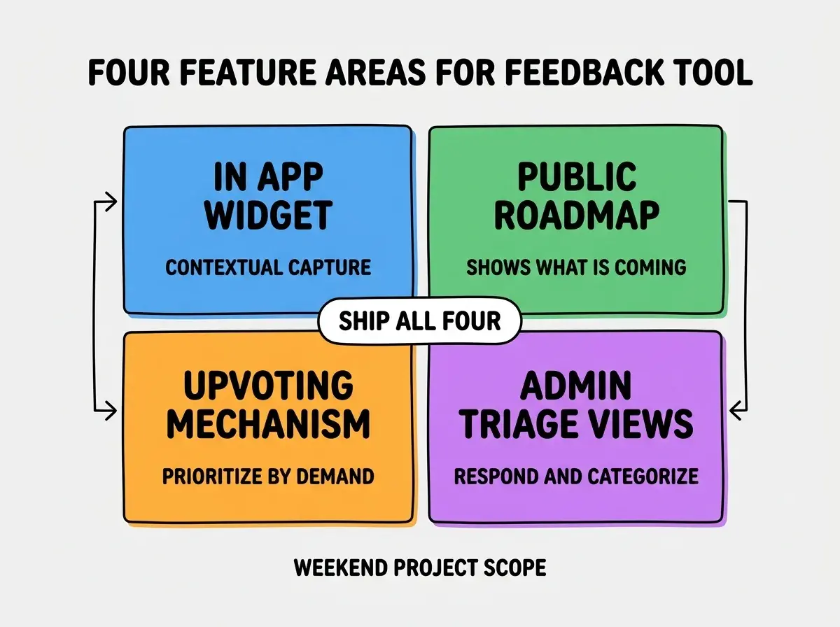 EXPLAINER DIAGRAM titled FOUR FEATURE AREAS FOR FEEDBACK TOOL shown as a 2x2 grid of quadrants on a slate background. Top left blue IN APP WIDGET sublabel CONTEXTUAL CAPTURE. Top right green PUBLIC ROADMAP sublabel SHOWS WHAT IS COMING. Bottom left orange UPVOTING MECHANISM sublabel PRIORITIZE BY DEMAND. Bottom right purple ADMIN TRIAGE VIEWS sublabel RESPOND AND CATEGORIZE. Center label SHIP ALL FOUR. Footer reads WEEKEND PROJECT SCOPE.