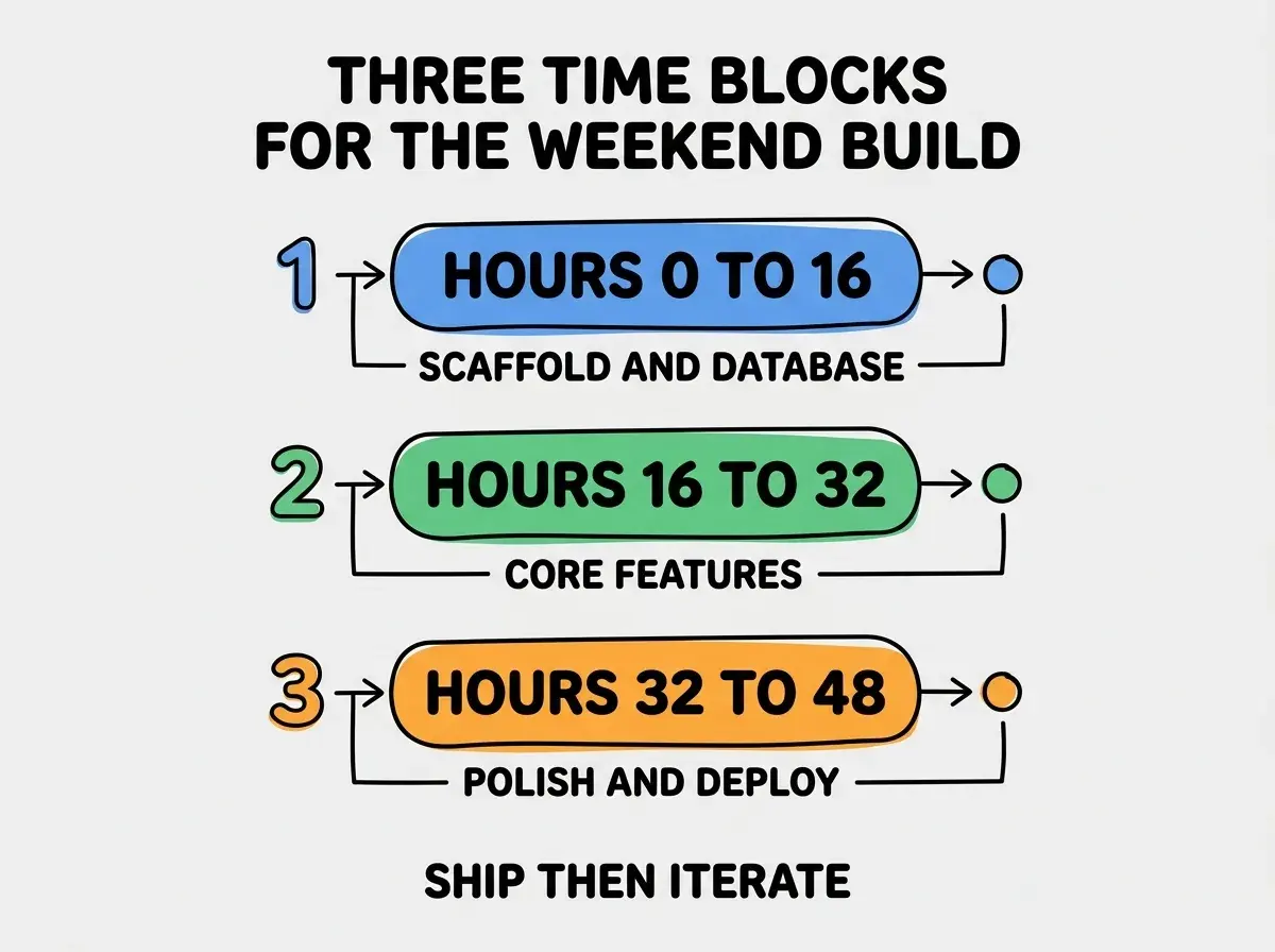 EXPLAINER DIAGRAM titled THREE TIME BLOCKS FOR THE WEEKEND BUILD shown as a vertical numbered list on a slate background. Three rows. Row 1 blue badge HOURS 0 TO 16 sublabel SCAFFOLD AND DATABASE. Row 2 green badge HOURS 16 TO 32 sublabel CORE FEATURES. Row 3 orange badge HOURS 32 TO 48 sublabel POLISH AND DEPLOY. Footer reads SHIP THEN ITERATE. CRITICAL: each label appears only ONCE.