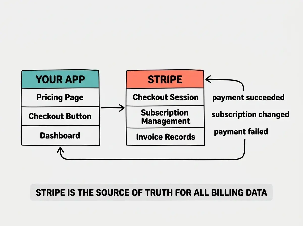 EXPLAINER DIAGRAM: A horizontal flow diagram with three boxes connected by arrows. Left box labeled YOUR APP in teal contains three rows: Pricing Page, Checkout Button, and Dashboard. Middle box labeled STRIPE in coral contains three rows: Checkout Session, Subscription Management, and Invoice Records. Right box labeled WEBHOOKS in teal shows an arrow curving from Stripe back to Your App, with labels for payment succeeded, subscription changed, and payment failed. Below the diagram, a horizontal bar reads STRIPE IS THE SOURCE OF TRUTH FOR ALL BILLING DATA. Light gray background.