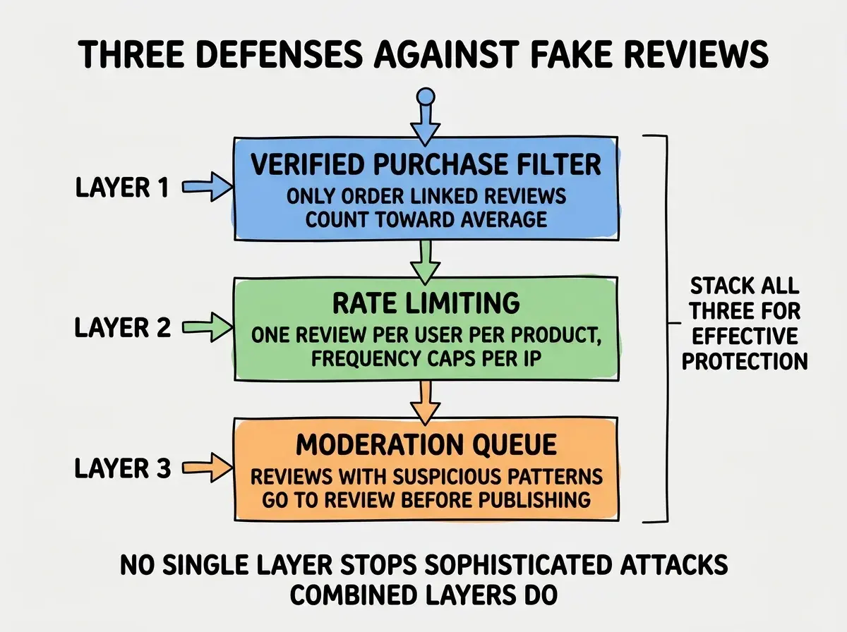 EXPLAINER DIAGRAM titled THREE DEFENSES AGAINST FAKE REVIEWS shown as a vertical stacked layer diagram on a slate background. Layer 1 top blue labeled VERIFIED PURCHASE FILTER, sublabel ONLY ORDER LINKED REVIEWS COUNT TOWARD AVERAGE. Layer 2 middle green labeled RATE LIMITING, sublabel ONE REVIEW PER USER PER PRODUCT, FREQUENCY CAPS PER IP. Layer 3 bottom orange labeled MODERATION QUEUE, sublabel REVIEWS WITH SUSPICIOUS PATTERNS GO TO REVIEW BEFORE PUBLISHING. Right side label STACK ALL THREE FOR EFFECTIVE PROTECTION. Footer reads NO SINGLE LAYER STOPS SOPHISTICATED ATTACKS, COMBINED LAYERS DO.