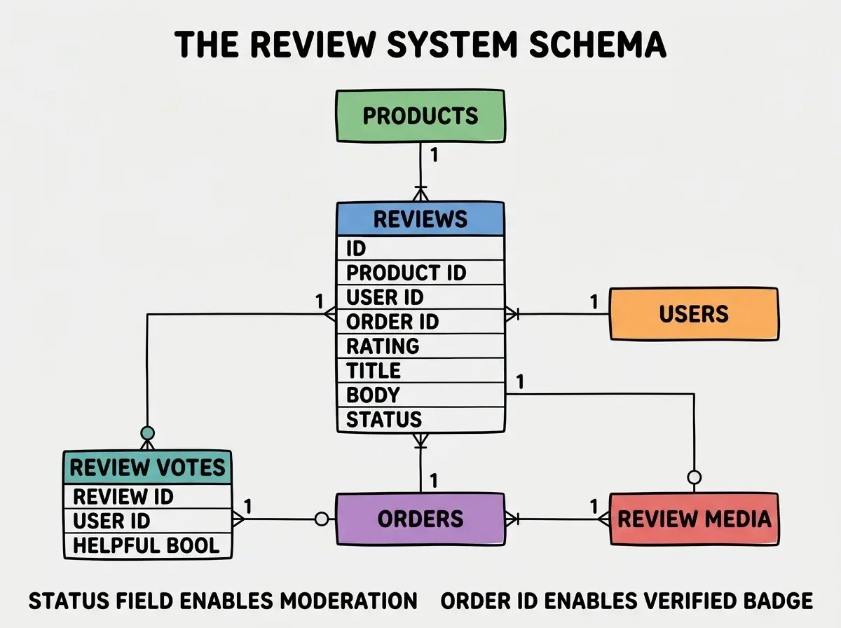 EXPLAINER DIAGRAM titled THE REVIEW SYSTEM SCHEMA shown as a five-table entity relationship diagram on a slate background. Center table colored blue labeled REVIEWS with fields ID, PRODUCT ID, USER ID, ORDER ID, RATING, TITLE, BODY, STATUS. Top table colored green labeled PRODUCTS with cardinality MANY TO ONE. Right table colored orange labeled USERS with cardinality MANY TO ONE. Bottom table colored purple labeled ORDERS with cardinality MANY TO ONE OPTIONAL. Bottom right table colored red labeled REVIEW MEDIA with cardinality ONE TO MANY. Bottom left table colored teal labeled REVIEW VOTES with fields REVIEW ID, USER ID, HELPFUL BOOL. Footer reads STATUS FIELD ENABLES MODERATION ORDER ID ENABLES VERIFIED BADGE.