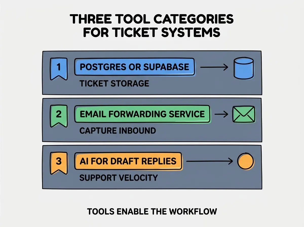 EXPLAINER DIAGRAM titled THREE TOOL CATEGORIES FOR TICKET SYSTEMS shown as a vertical numbered list on a slate background. Three rows. Row 1 blue badge POSTGRES OR SUPABASE sublabel TICKET STORAGE. Row 2 green badge EMAIL FORWARDING SERVICE sublabel CAPTURE INBOUND. Row 3 orange badge AI FOR DRAFT REPLIES sublabel SUPPORT VELOCITY. Footer reads TOOLS ENABLE THE WORKFLOW. CRITICAL: each label appears only ONCE.