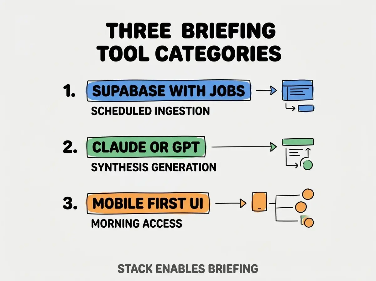Clean modern flat infographic on light gray background. Top title bold black: THREE BRIEFING TOOL CATEGORIES. Single vertical numbered list with three rows. Row 1 blue badge SUPABASE WITH JOBS with subtitle SCHEDULED INGESTION. Row 2 green badge CLAUDE OR GPT with subtitle SYNTHESIS GENERATION. Row 3 orange badge MOBILE FIRST UI with subtitle MORNING ACCESS. Footer text dark gray: STACK ENABLES BRIEFING. Each label appears exactly once. No duplicated text.