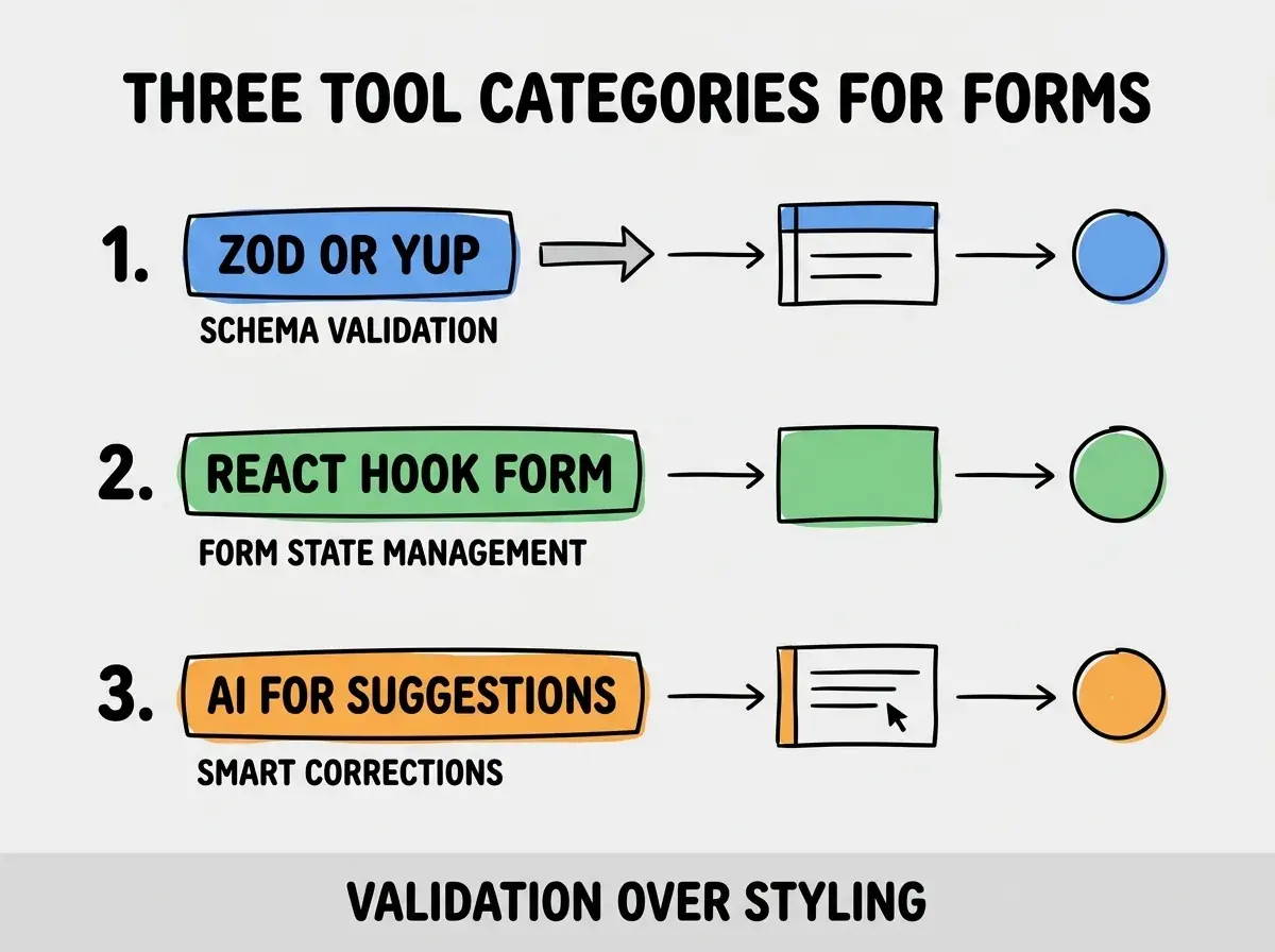 EXPLAINER DIAGRAM titled THREE TOOL CATEGORIES FOR FORMS shown as a vertical numbered list on a slate background. Three rows. Row 1 blue badge ZOD OR YUP sublabel SCHEMA VALIDATION. Row 2 green badge REACT HOOK FORM sublabel FORM STATE MANAGEMENT. Row 3 orange badge AI FOR SUGGESTIONS sublabel SMART CORRECTIONS. Footer reads VALIDATION OVER STYLING. CRITICAL: each label appears only ONCE.