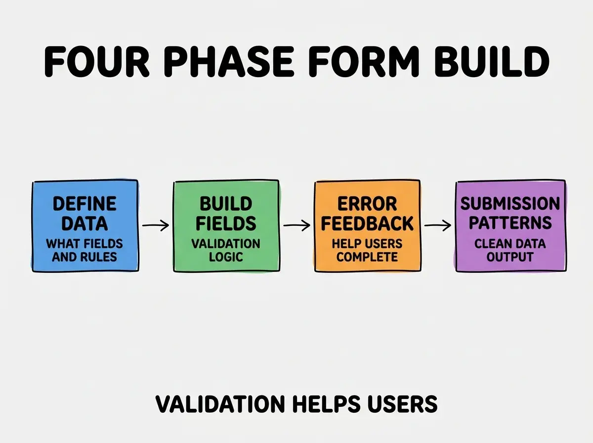 EXPLAINER DIAGRAM titled FOUR PHASE FORM BUILD shown as a horizontal four-stage pipeline on a slate background. Stage 1 colored blue DEFINE DATA sublabel WHAT FIELDS AND RULES. Stage 2 colored green BUILD FIELDS sublabel VALIDATION LOGIC. Stage 3 colored orange ERROR FEEDBACK sublabel HELP USERS COMPLETE. Stage 4 colored purple SUBMISSION PATTERNS sublabel CLEAN DATA OUTPUT. Footer reads VALIDATION HELPS USERS.
