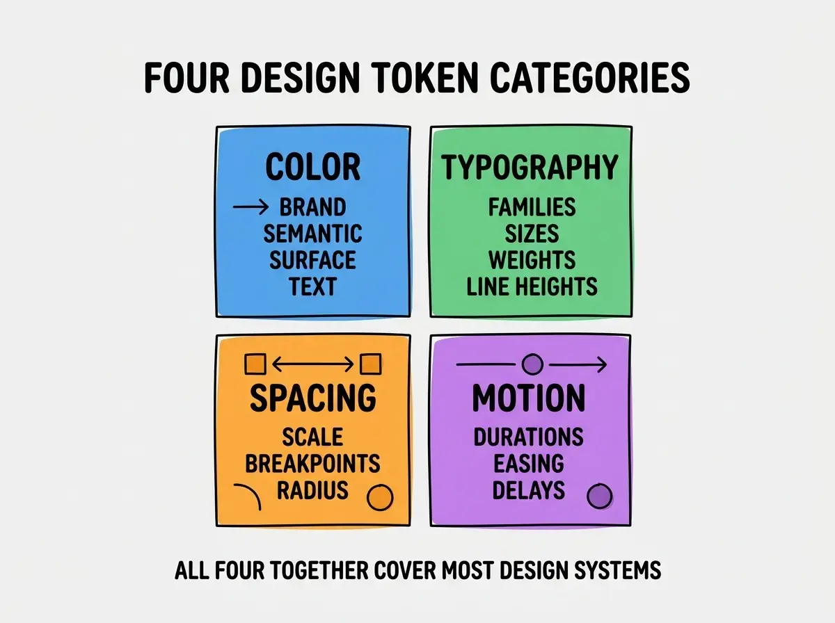 EXPLAINER DIAGRAM titled FOUR DESIGN TOKEN CATEGORIES shown as a 2x2 grid of quadrants on a slate background. Top left blue COLOR sublabel BRAND SEMANTIC SURFACE TEXT. Top right green TYPOGRAPHY sublabel FAMILIES SIZES WEIGHTS LINE HEIGHTS. Bottom left orange SPACING sublabel SCALE BREAKPOINTS RADIUS. Bottom right purple MOTION sublabel DURATIONS EASING DELAYS. Center label reads STRUCTURE TOKENS BY CATEGORY. Footer reads ALL FOUR TOGETHER COVER MOST DESIGN SYSTEMS.