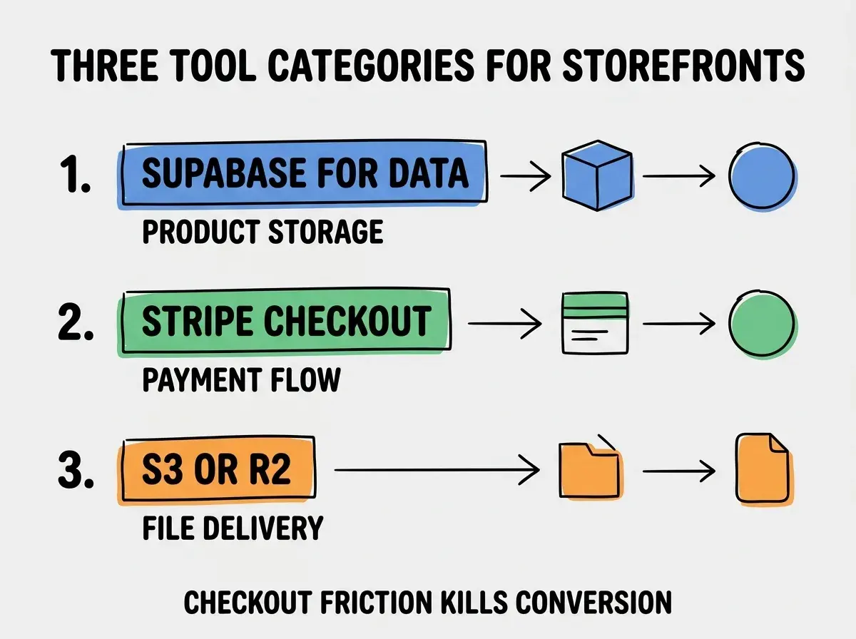 EXPLAINER DIAGRAM titled THREE TOOL CATEGORIES FOR STOREFRONTS shown as a vertical numbered list on a slate background. Three rows. Row 1 blue badge SUPABASE FOR DATA sublabel PRODUCT STORAGE. Row 2 green badge STRIPE CHECKOUT sublabel PAYMENT FLOW. Row 3 orange badge S3 OR R2 sublabel FILE DELIVERY. Footer reads CHECKOUT FRICTION KILLS CONVERSION. CRITICAL: each label appears only ONCE.
