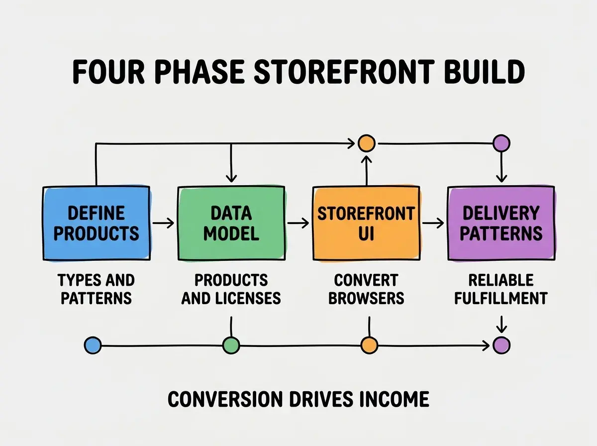 EXPLAINER DIAGRAM titled FOUR PHASE STOREFRONT BUILD shown as a horizontal four-stage pipeline on a slate background. Stage 1 colored blue DEFINE PRODUCTS sublabel TYPES AND PATTERNS. Stage 2 colored green DATA MODEL sublabel PRODUCTS AND LICENSES. Stage 3 colored orange STOREFRONT UI sublabel CONVERT BROWSERS. Stage 4 colored purple DELIVERY PATTERNS sublabel RELIABLE FULFILLMENT. Footer reads CONVERSION DRIVES INCOME.